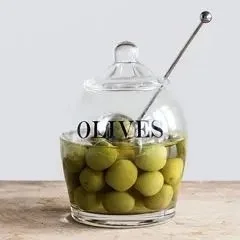 LIDDED GLASS OLIVE JAR WITH SPOON