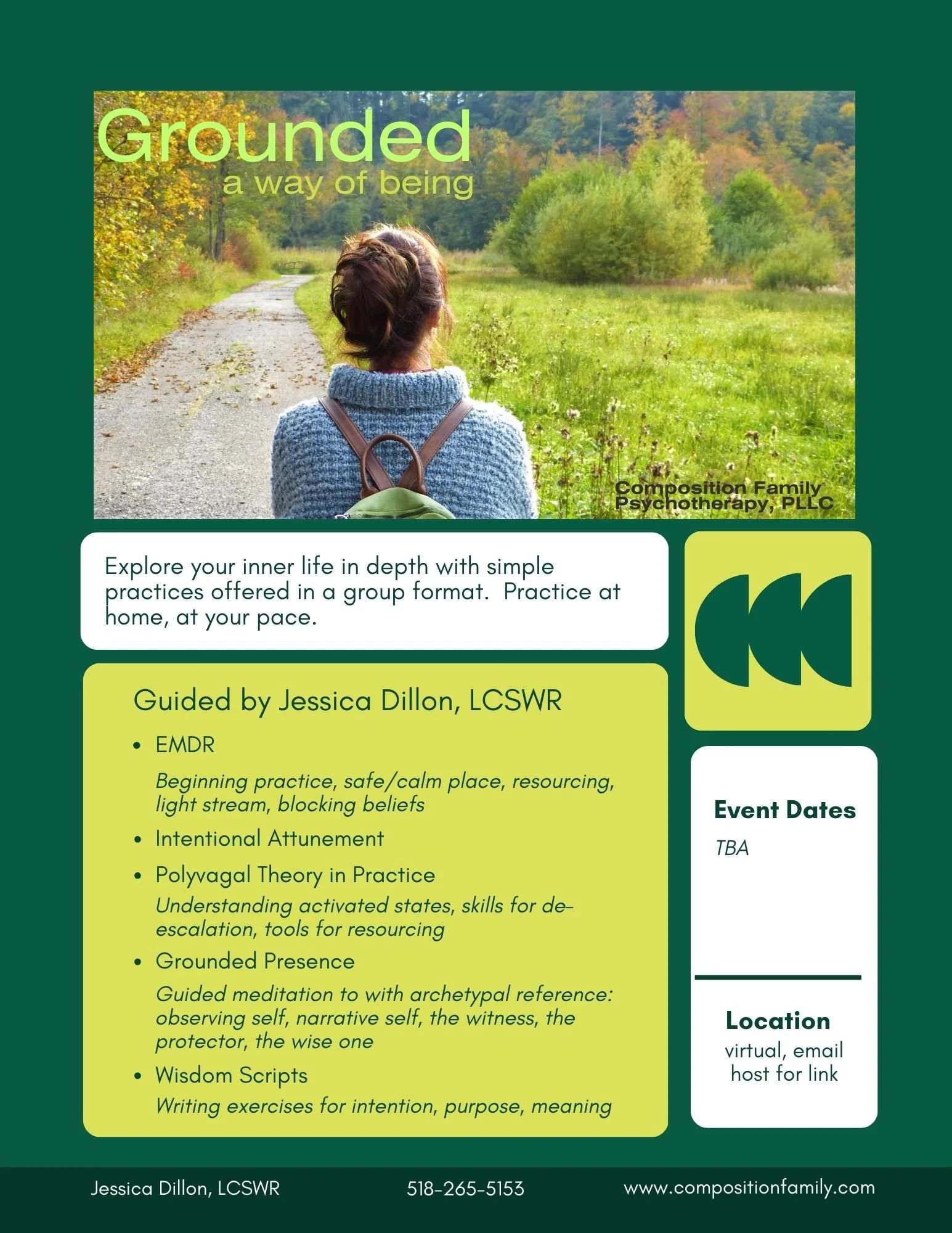 Flier for Grounded Group showing a person with dark hair, blue sweater, and green backpack walking along a gravel path and wildflower/grass field into trees. The text on the flier is fully detailed in the blog post.