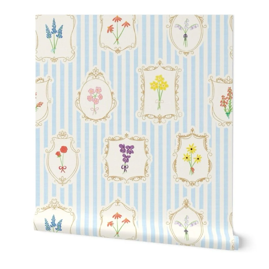 Wildflower stems, ornate frames, and soft stripes - what could be sweeter? Here&rsquo;s my entry in the @spoonflower Wildflower Collage design challenge!