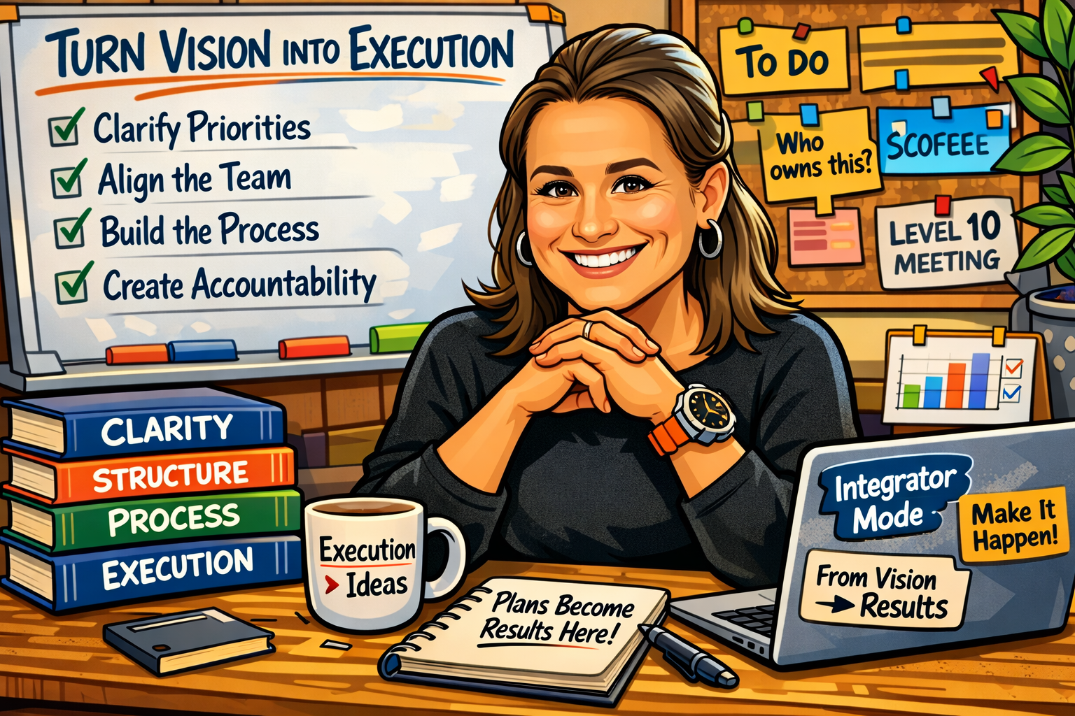 A smiling woman sitting at a cluttered desk with a whiteboard behind her that lists tasks like clarifying priorities and building the process, a mug that says 'Execution Ideas', a stack of books labeled Clarity, Structure, Process, and Execution, a laptop labeled 'Integrator Mode' with 'From Vision to Results', a notepad with 'Plans Become Results Here!', and a bulletin board with to-do notes and sticky notes.