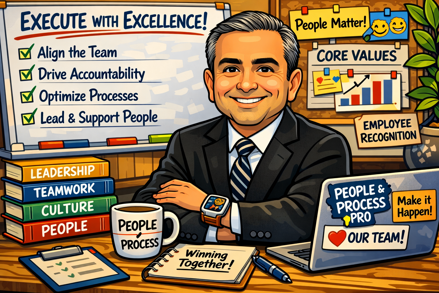 Illustration of a smiling businessman sitting at a desk with a laptop, coffee mug, and notepad. Behind him are charts and notes emphasizing core values, leadership, teamwork, and culture. The whiteboard displays mission statements, and other signs promote employee recognition and teamwork.