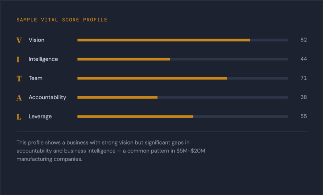 Sample vital score profile with categories Vision 82, Intelligence 44, Team 71, Accountability 38, Leverage 55, shown in horizontal orange bars on a dark background, with a caption indicating gaps in accountability and business intelligence among manufacturing companies.