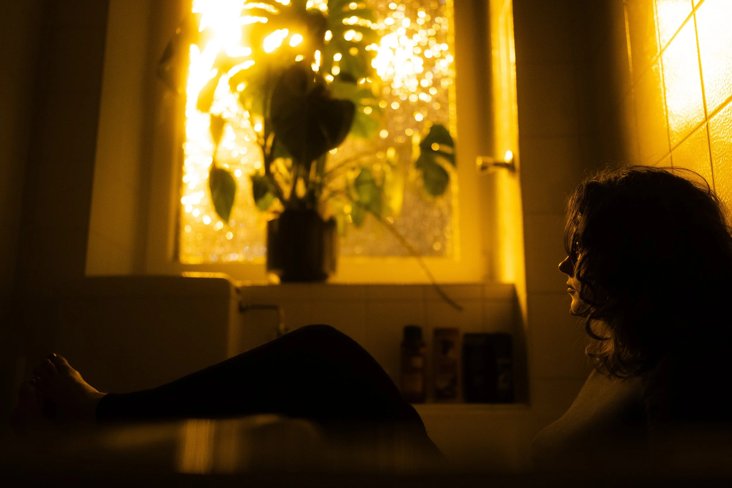 Eine Frau sitzt in einem dunklen Raum bei gedämpftem Licht, das durch ein Fenster auf sie fällt, mit einer Pflanze in einem Topf im Hintergrund.