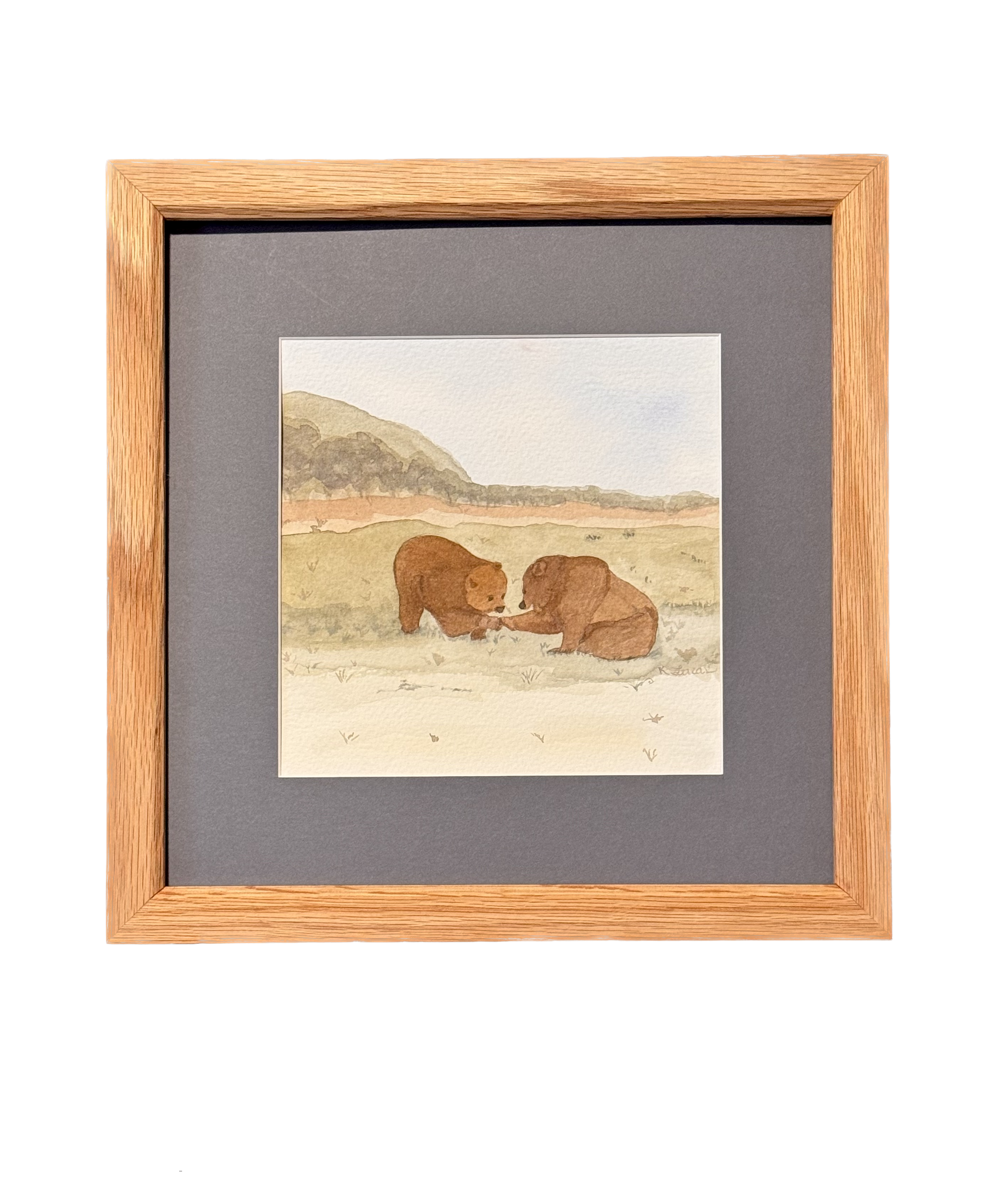 Bear Fist Bump - Original Watercolor Painting - 8x8" - Matted and Framed 12x12"