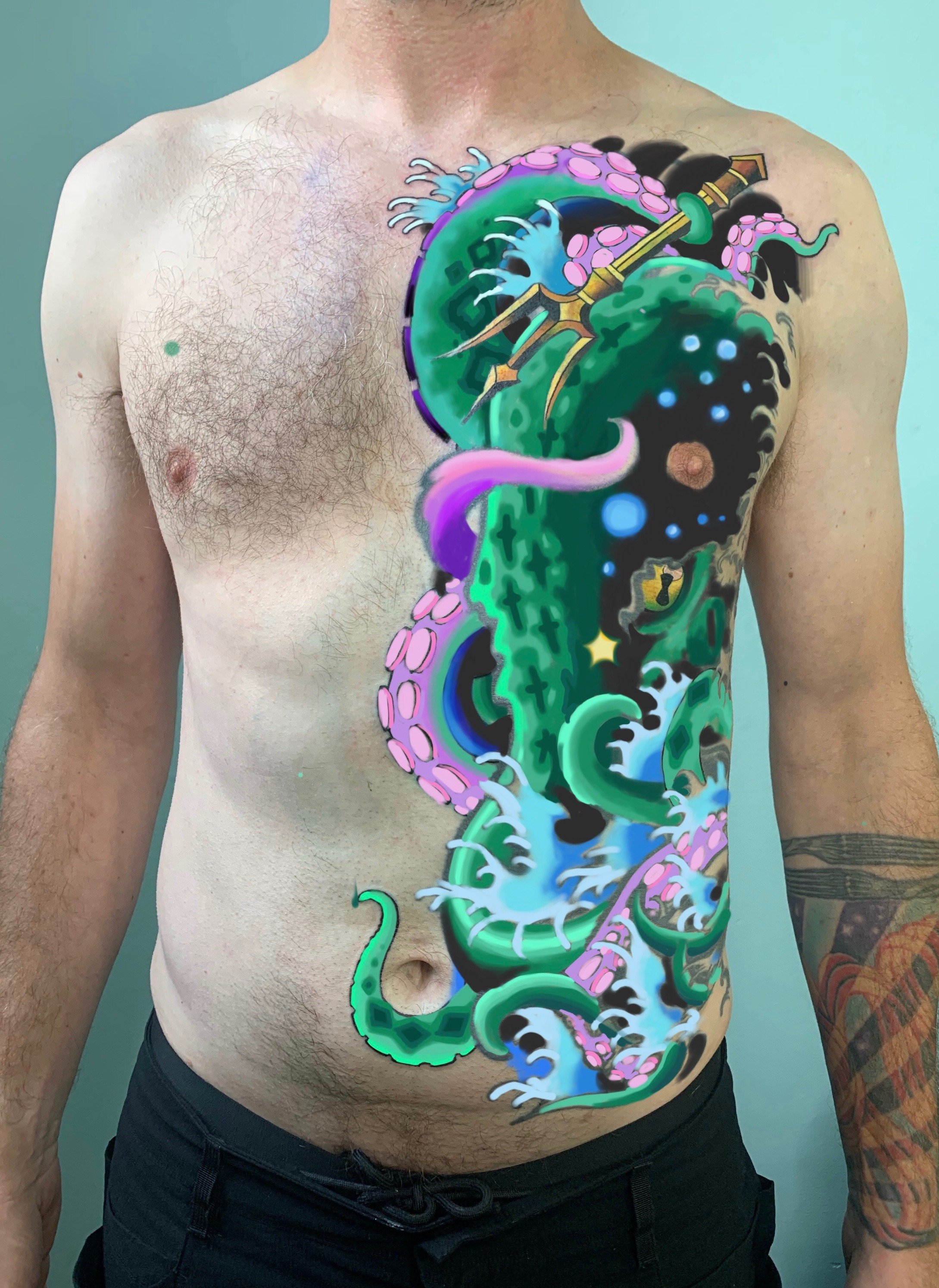 Digital Concept Art (presented to client post-consultation) - I suggested light blue Japanese finger waves as framing elements, a golden-coloured trident in the chest area, and pinkish undersides to the tentacles to bring variety to the main colour s