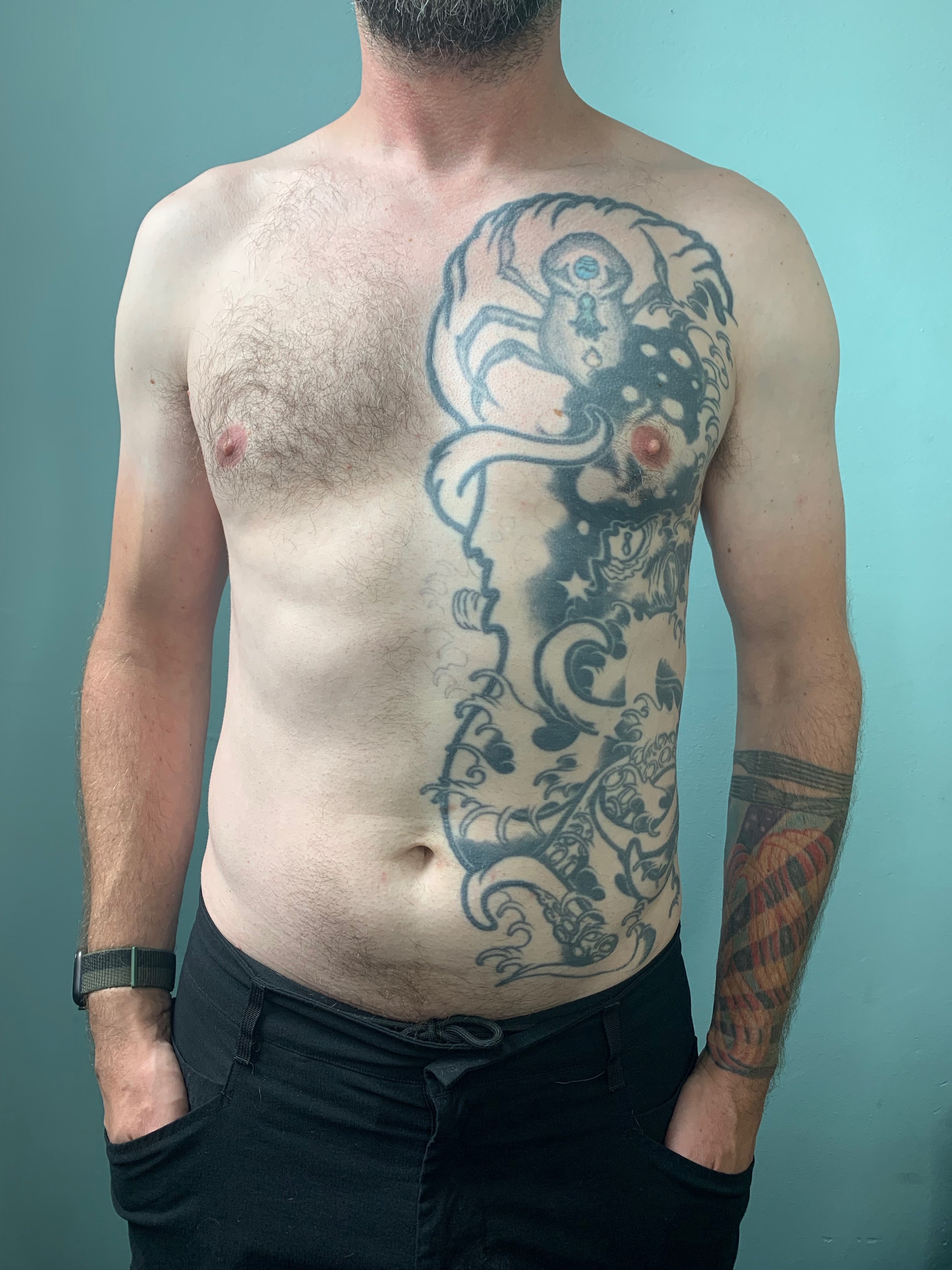 Before - there was a spider on the chest that the client presented to me as an area in which he was open to new ideas.
