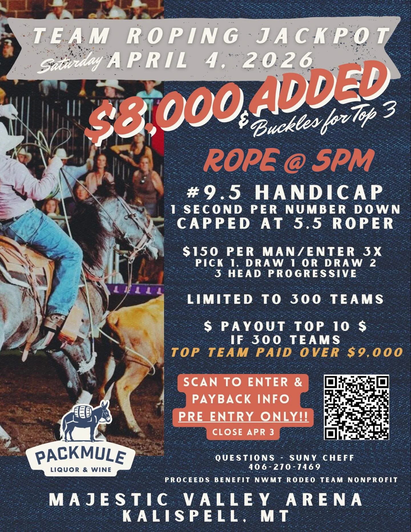 Updated with more Info!! 

Our Friends at the @majesticvalleyarena are hosting a Team Roping Jackpot on April 4 with big added $$$! 

Enter Up!