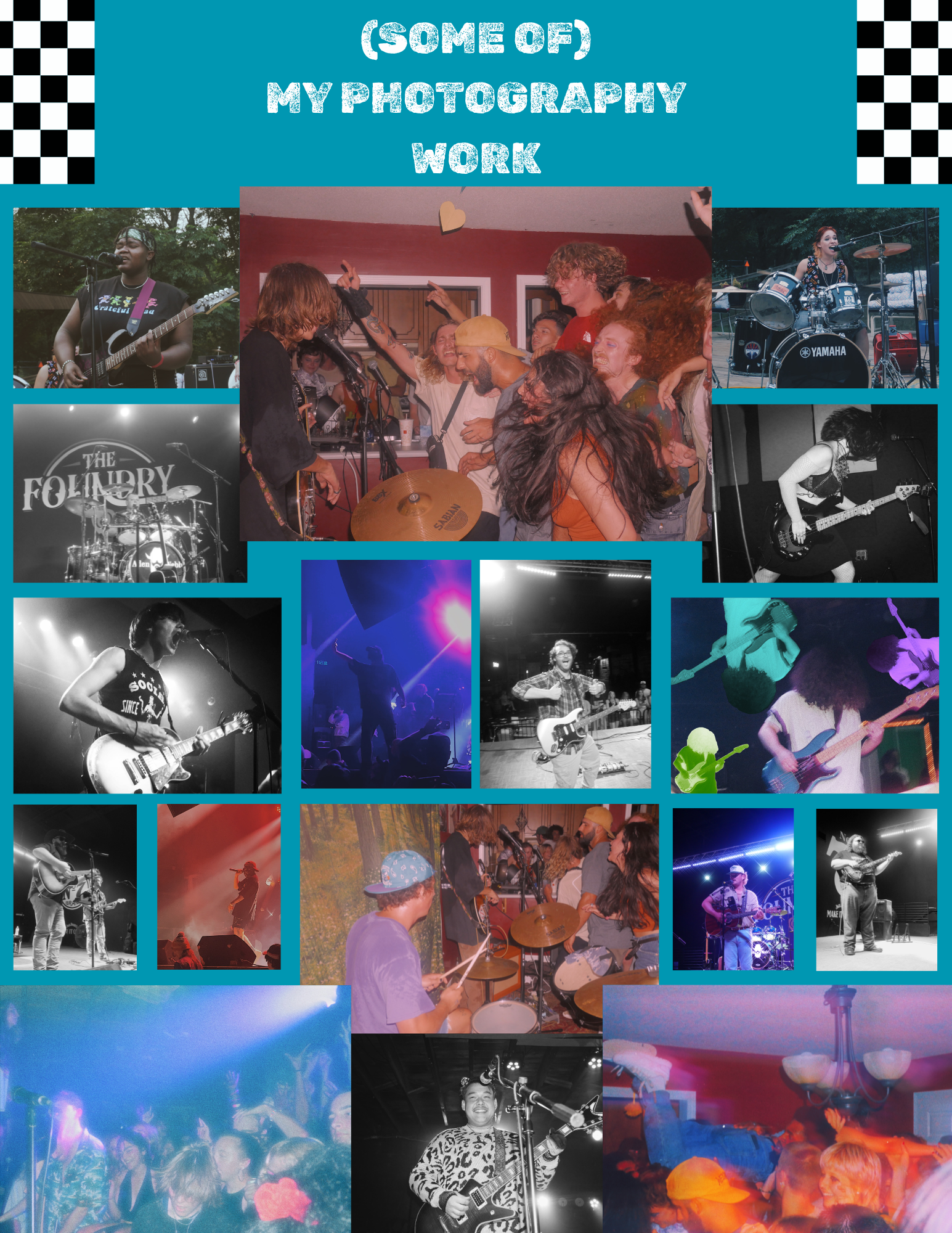 Collage of photographs from various live music performances and concerts, featuring musicians playing instruments and audiences enjoying the shows.