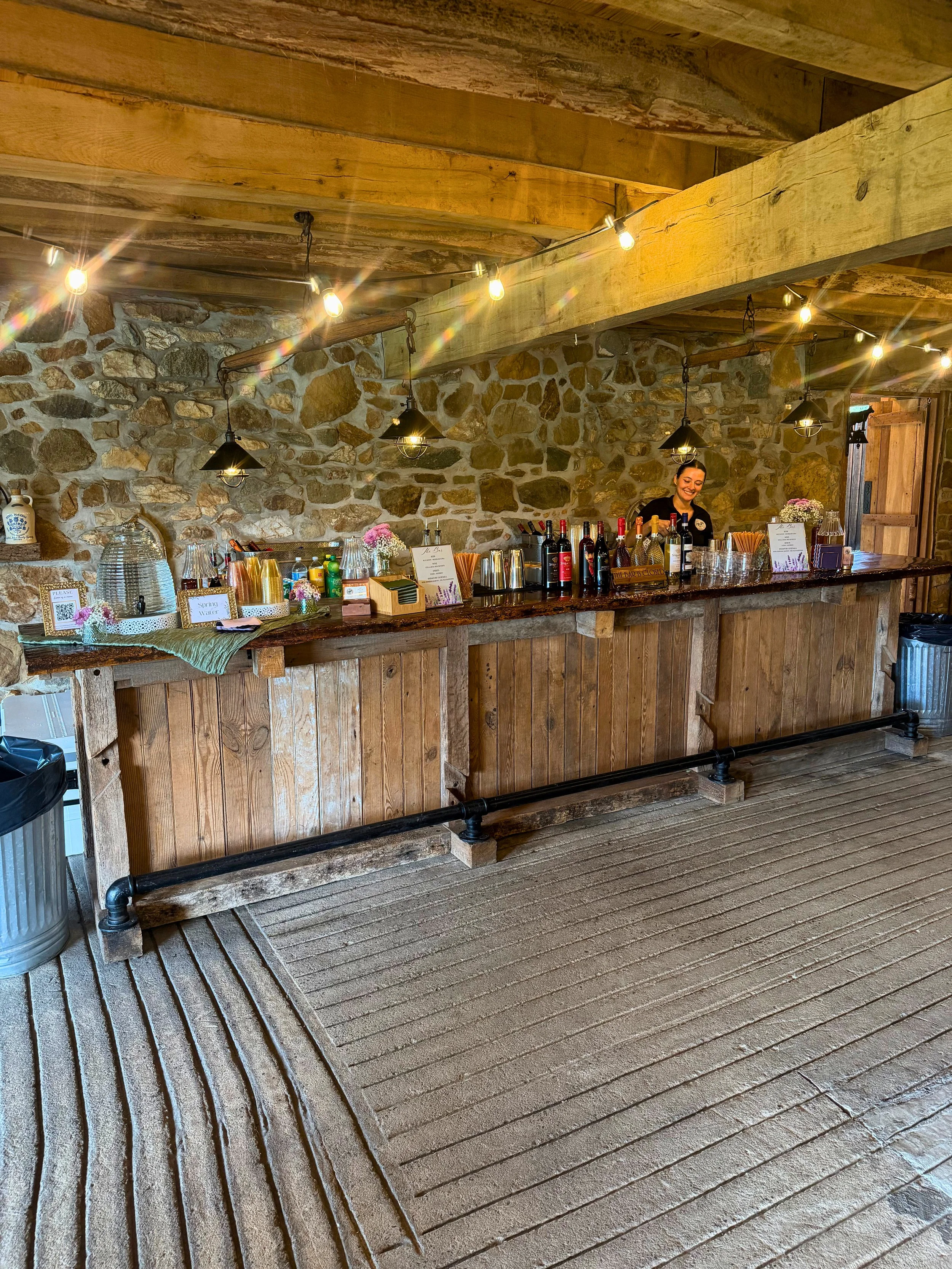 Bar setup at The Gardens at Bethlehem Farm for a wedding. Maryland mobile bar services.