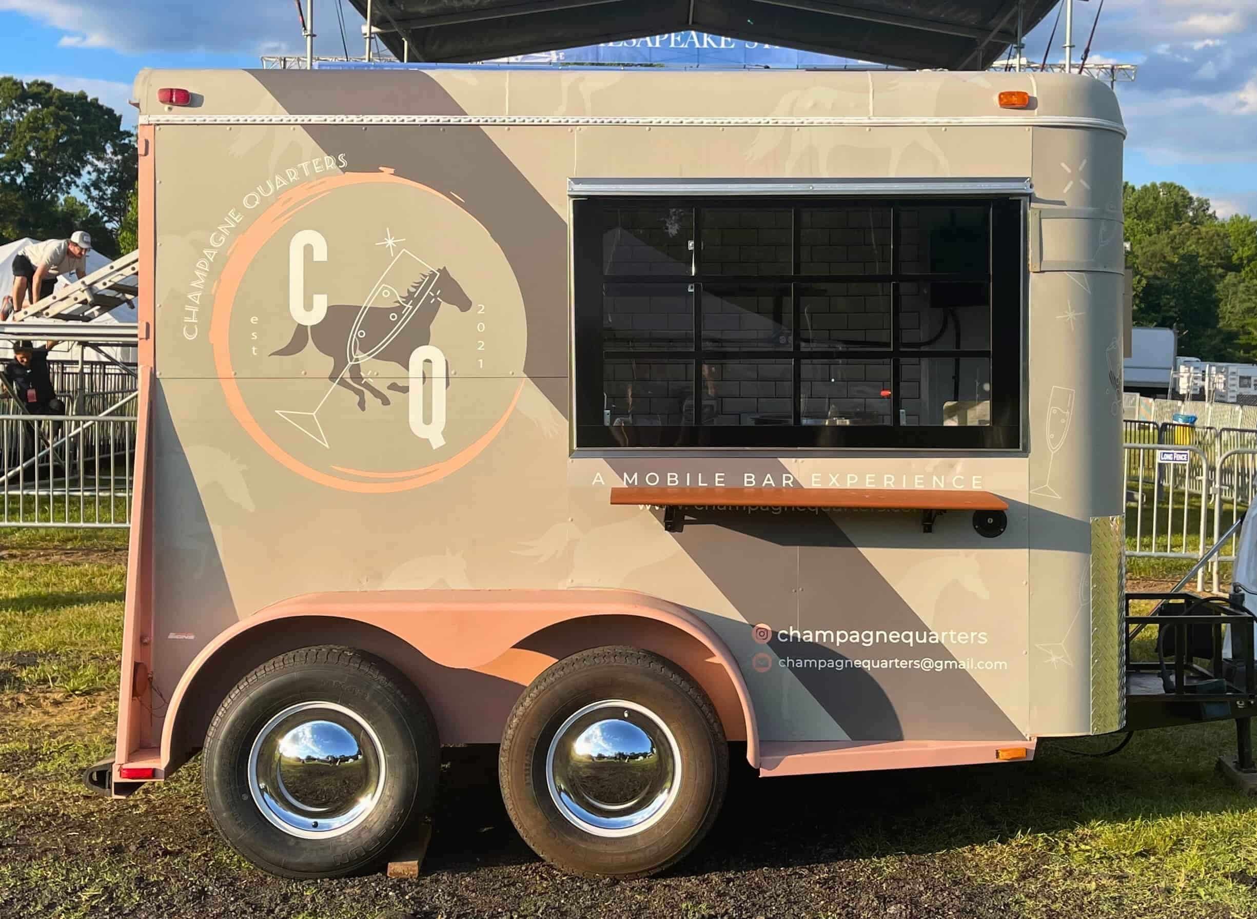 Horse trailer mobile bar photographed, named Champagne Quarters, a mobile bar experience in Maryland.
