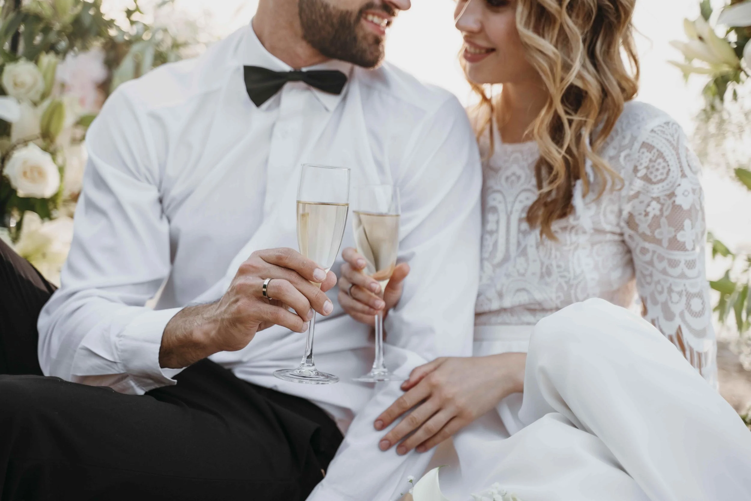 Bride and groom enjoying champagne on their wedding day from a Maryland mobile bar..