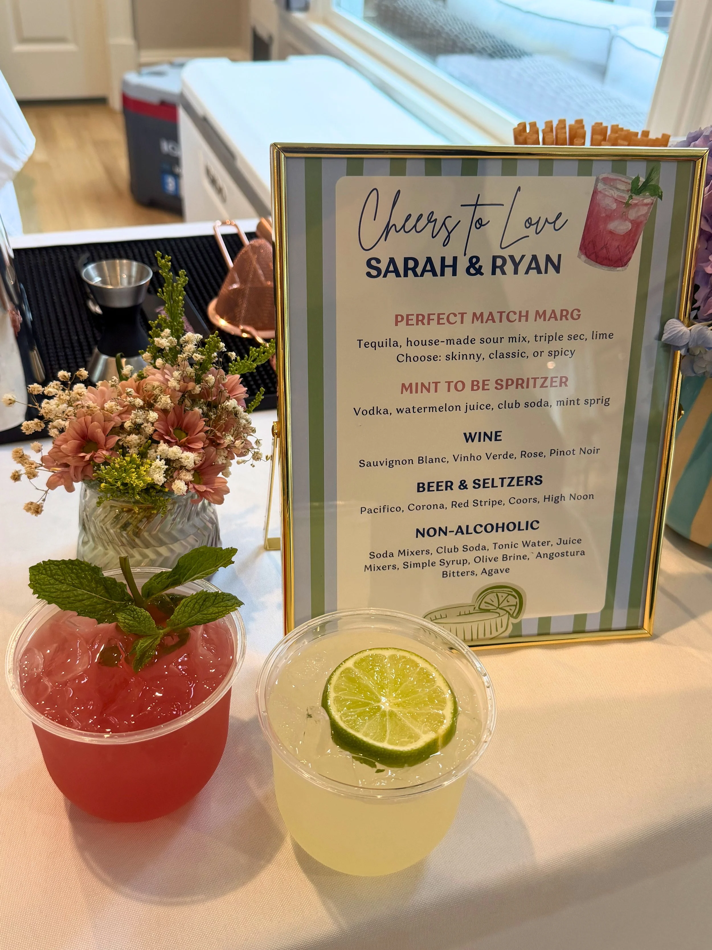 Custom drinks (Watermelon Spritz & Margarita) and menu design for an engagement party in Edgewater, MD. Maryland mobile bar services.