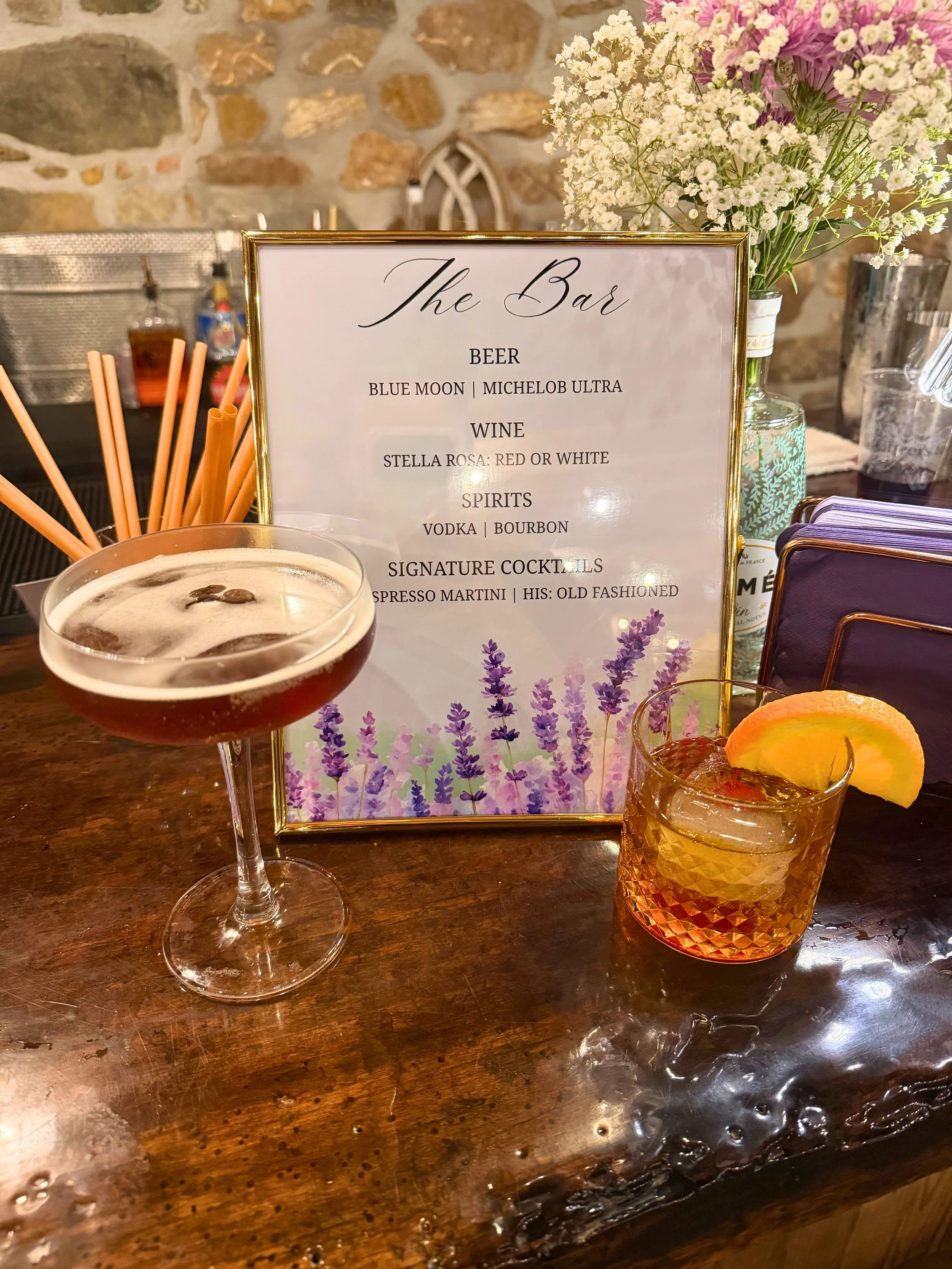 Custom signature drinks for a wedding in Rising Sun, MD. Maryland mobile bar services.