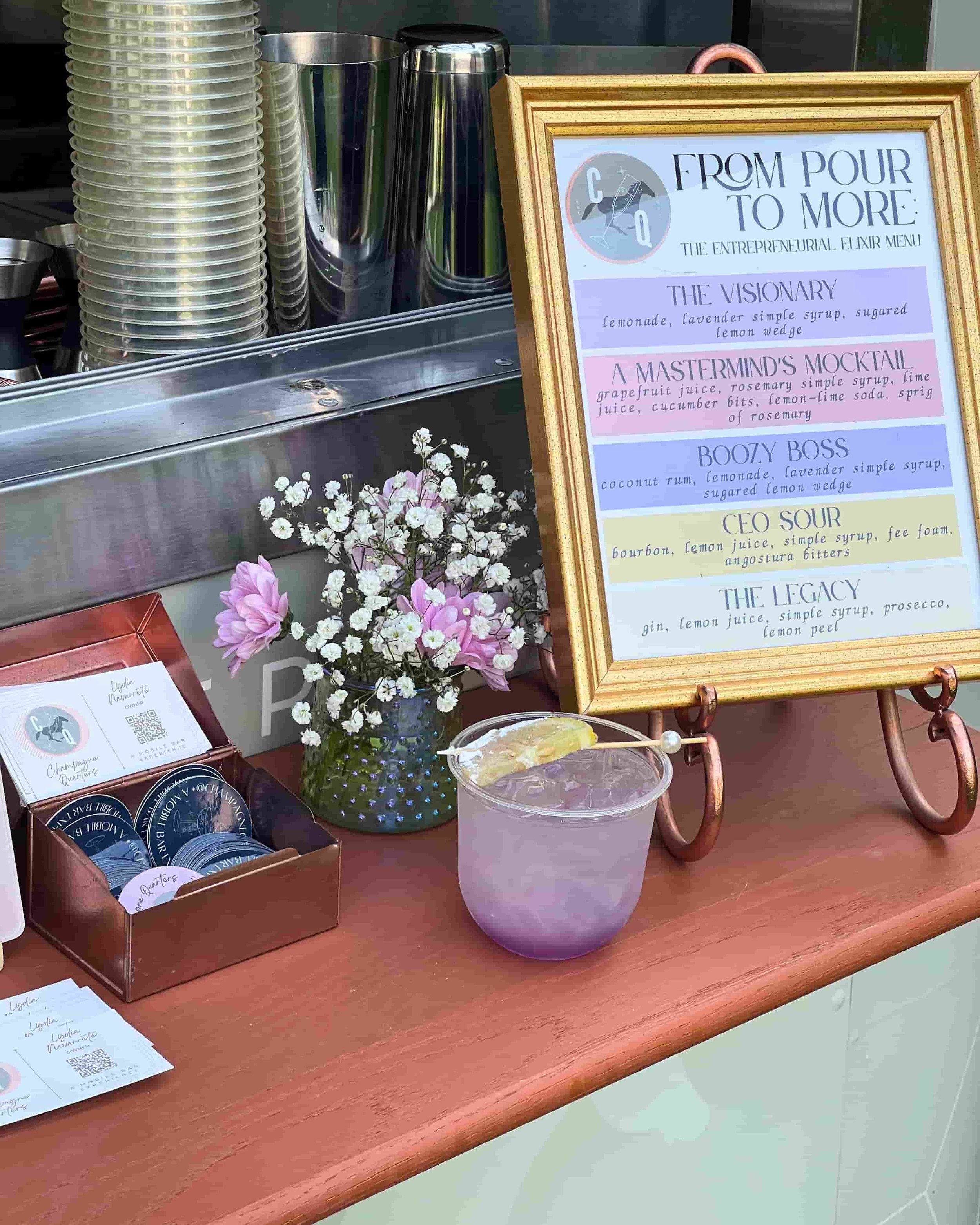 Picture of a cocktail with the menu behind it.
