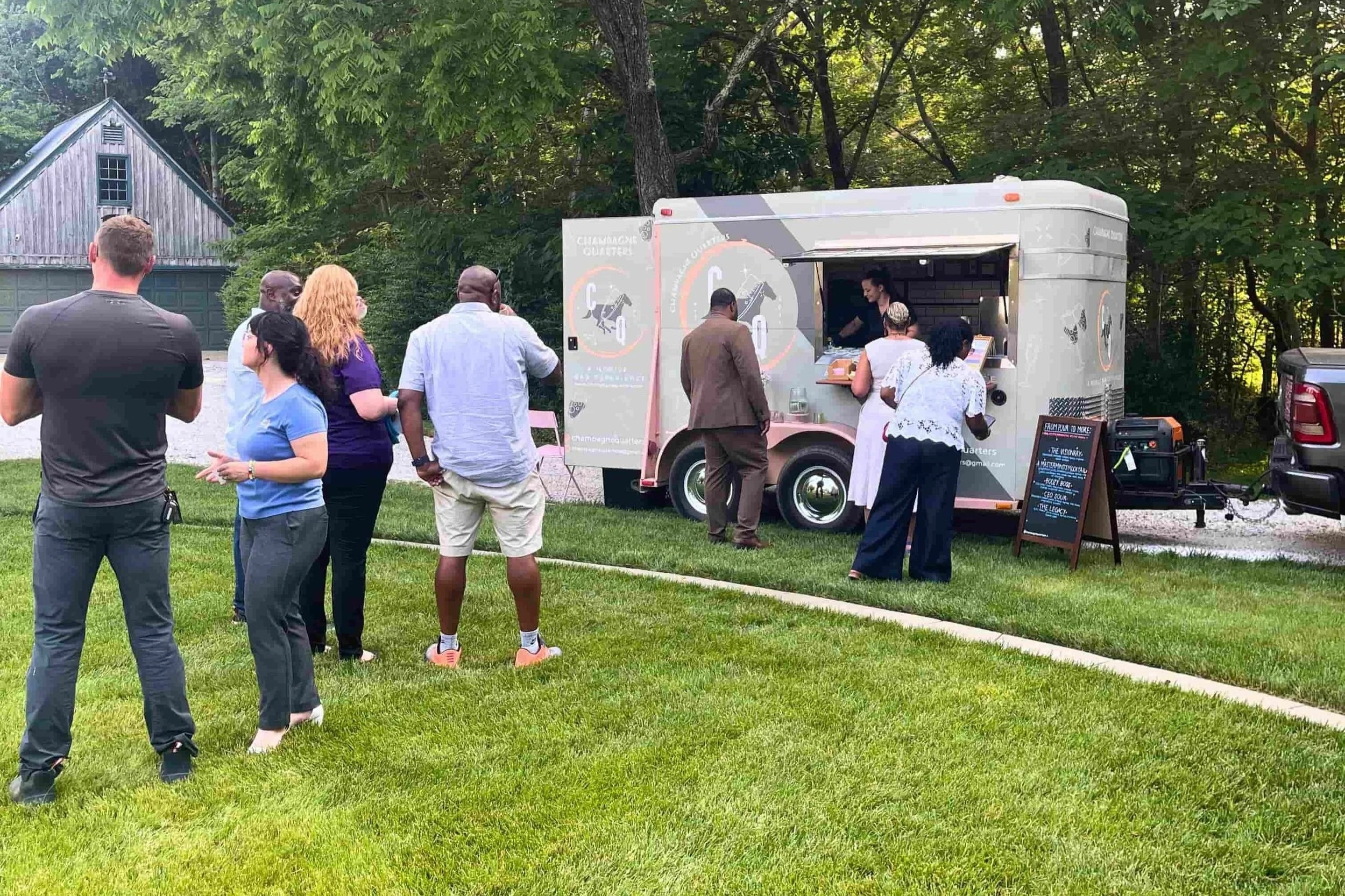 Champagne Quarters horse trailer mobile bar serving cocktails in Maryland for Charles County networking event