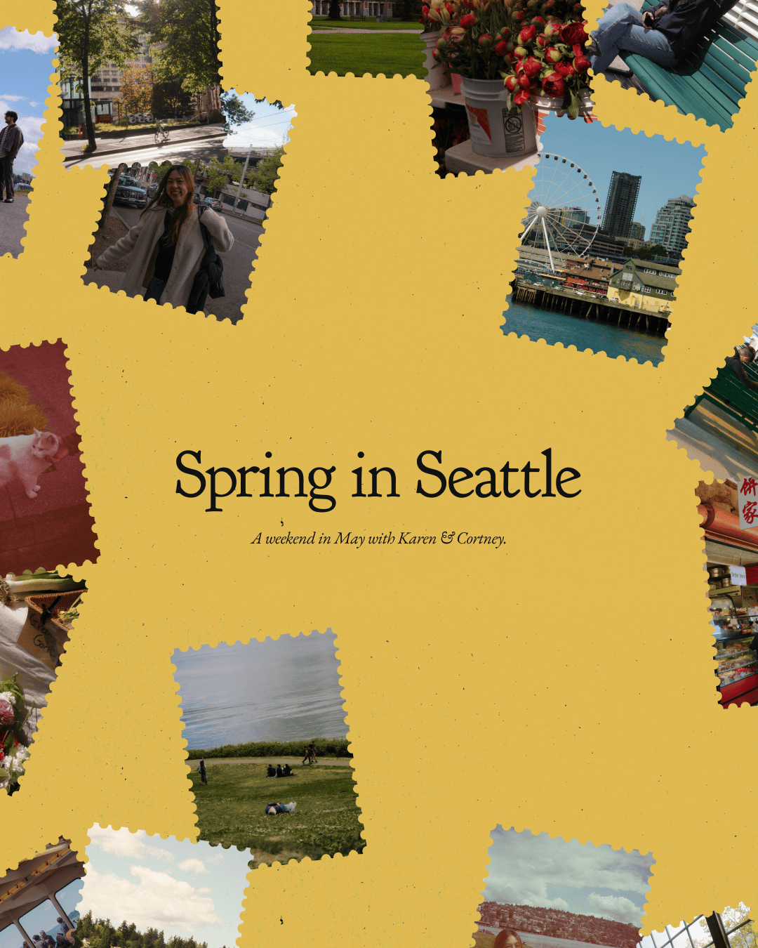 Collage of photos from a weekend trip in Seattle, featuring city views, a Ferris wheel, people enjoying outdoors, flowers, and animals.