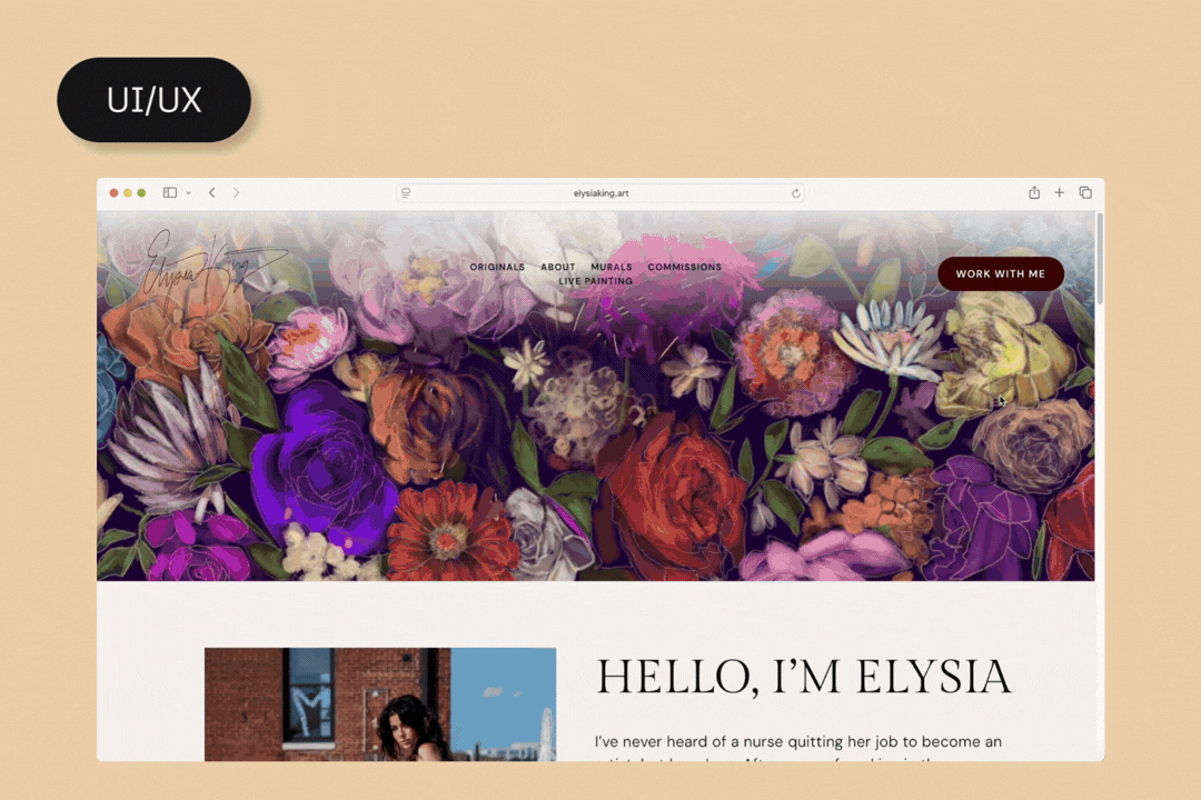 Website portfolio for artist, Elysia King, showcasing her mural, commission, and live painting work.