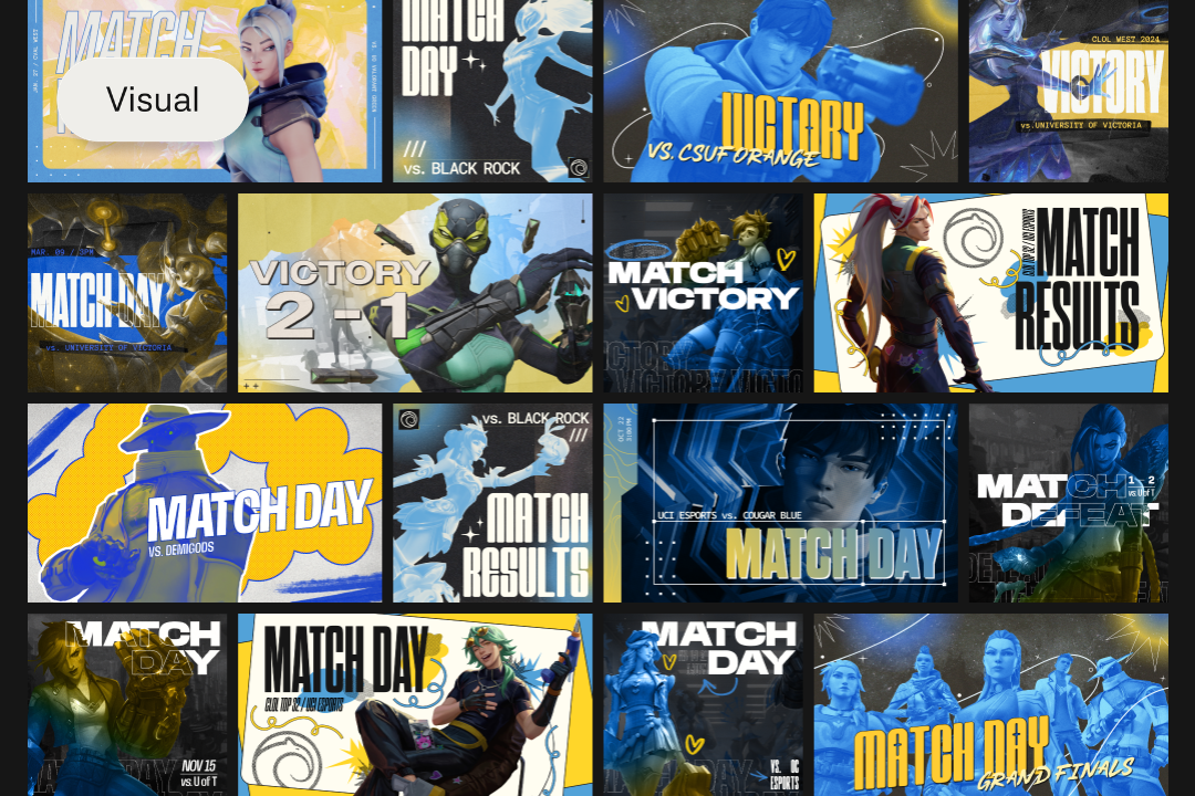 Collage of gaming event posters and graphics, featuring game characters, victory and match results, with a color scheme of blue, yellow, black, and white, promoting esports competitions.