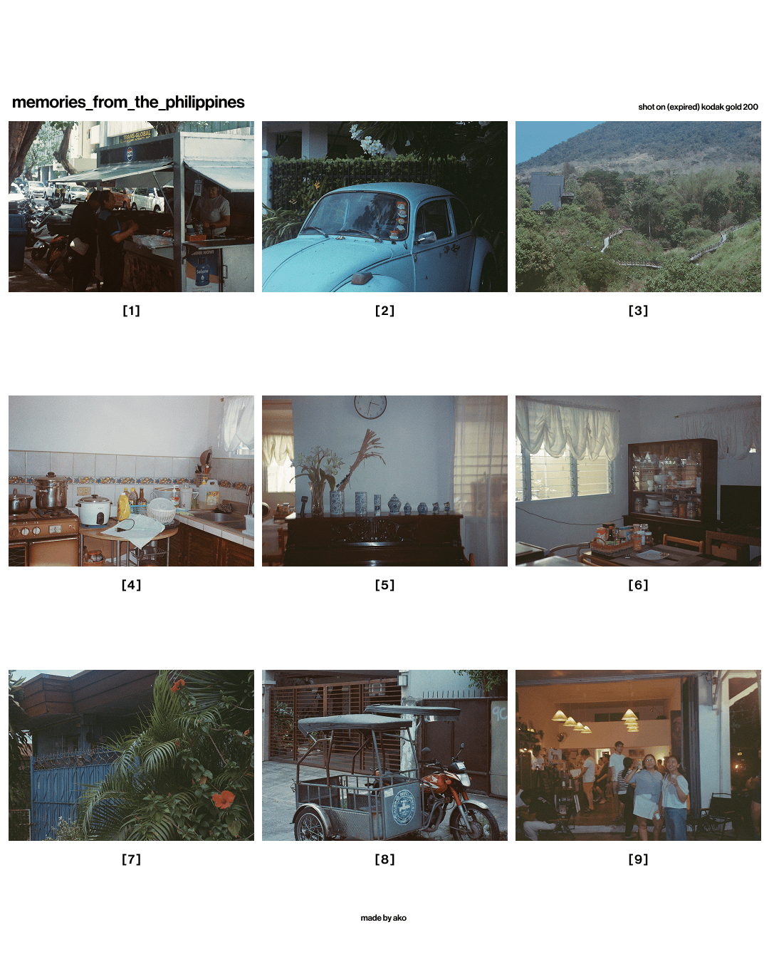 A collage of nine photographs depicting scenes from the Philippines, including street vendors, a vintage car, rural landscape, a kitchen with cooking appliances, a living room with furniture, exotic plants, a tricycle, and people socializing in a caf