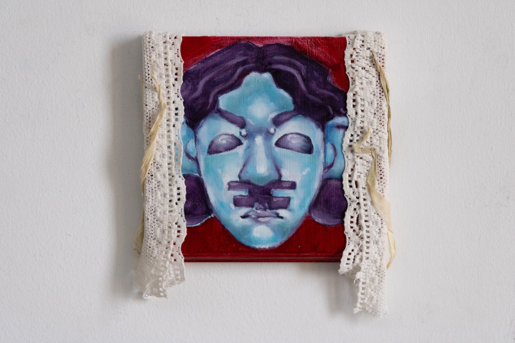 Aún No Soy la Víctima, 2026
Oil, Lace, and Corn Husk on Panel
8” x 8”