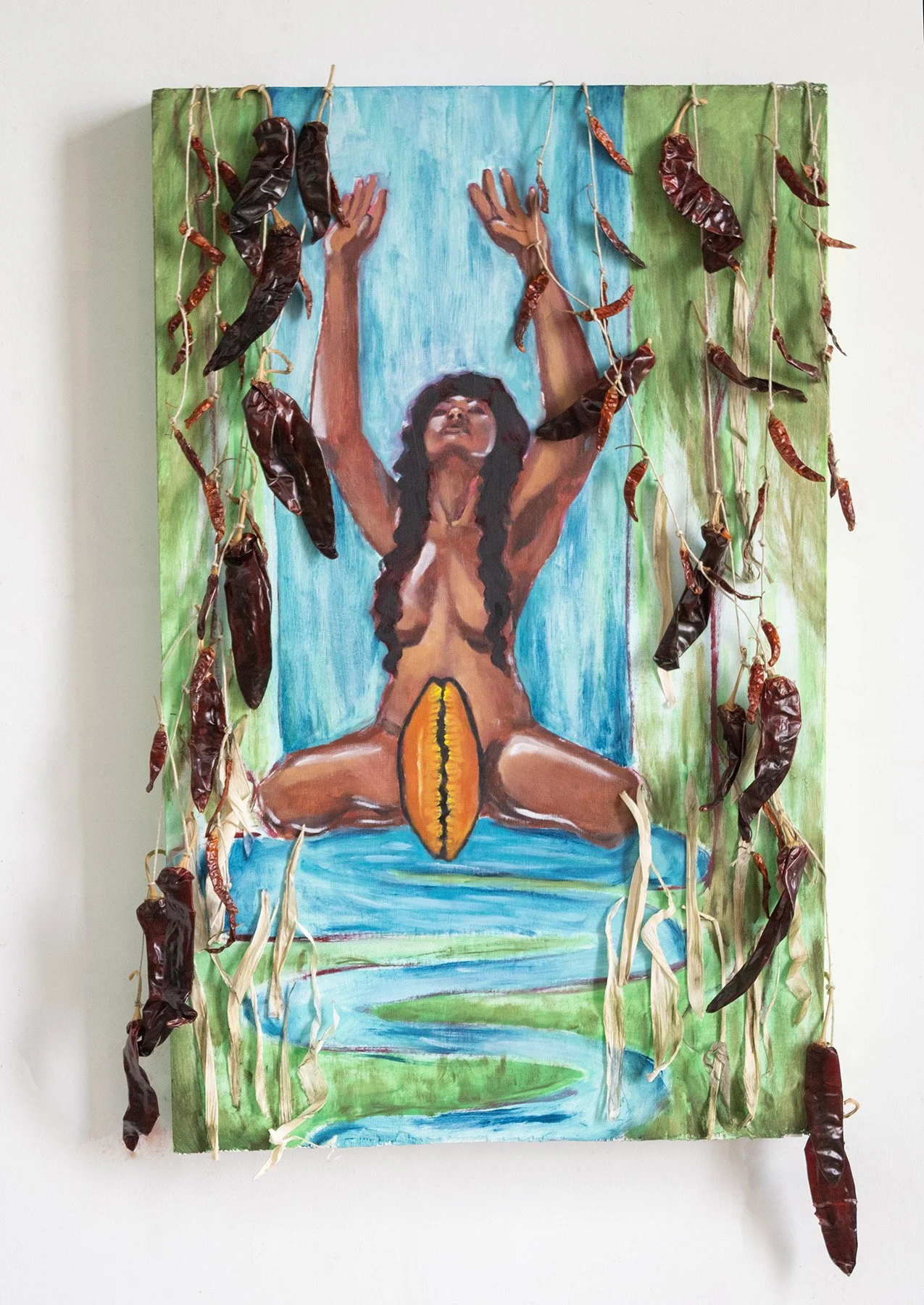 Madre Olvidada, Oshun, 2026
Oil, Corn Husk, and Dried Chilis on Panel
36” x 24”

