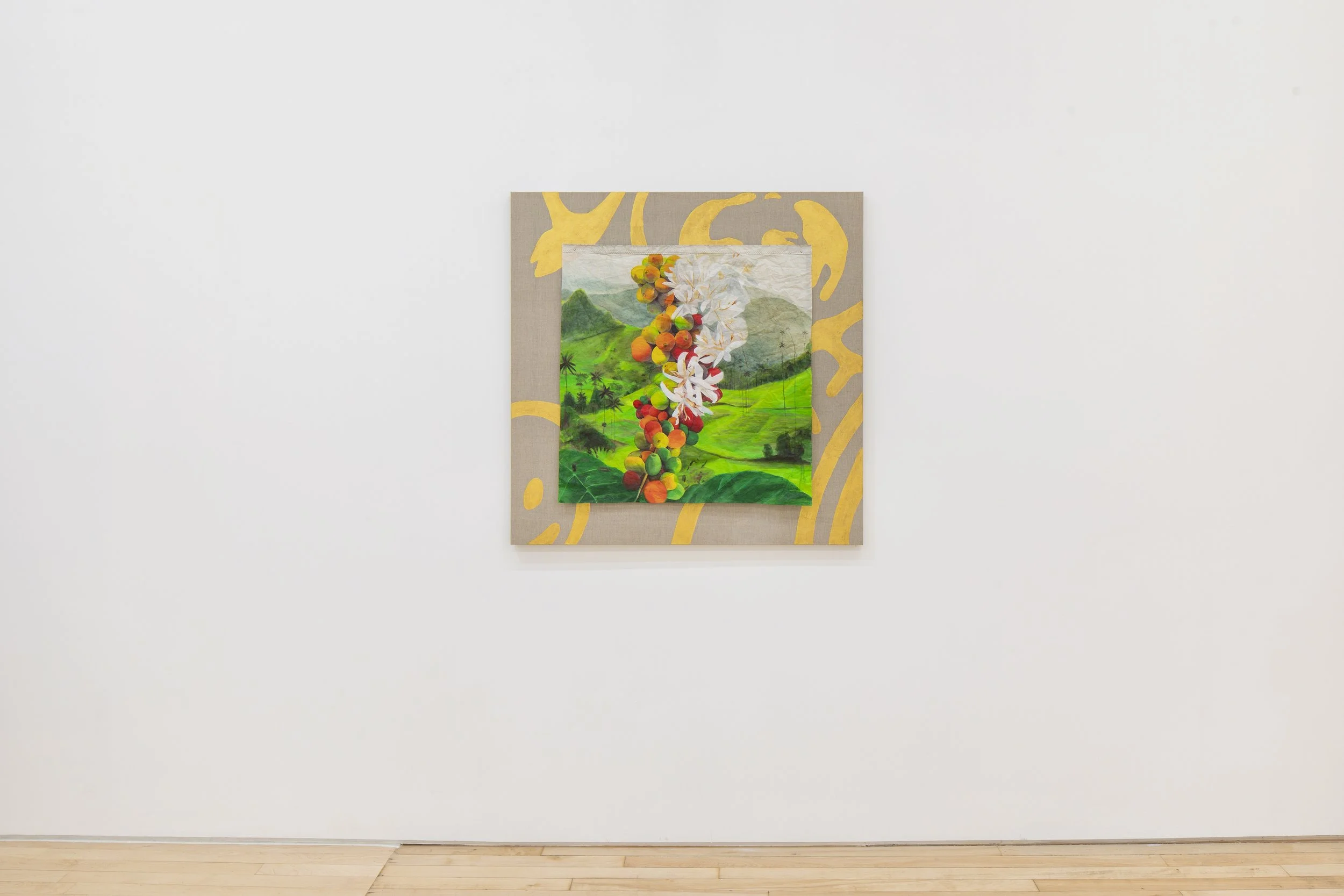   Sin café no hay paraiso,  Acrylic on used Dacron sailcloth sewn to linen with gold leaf, 42 x 42 in.