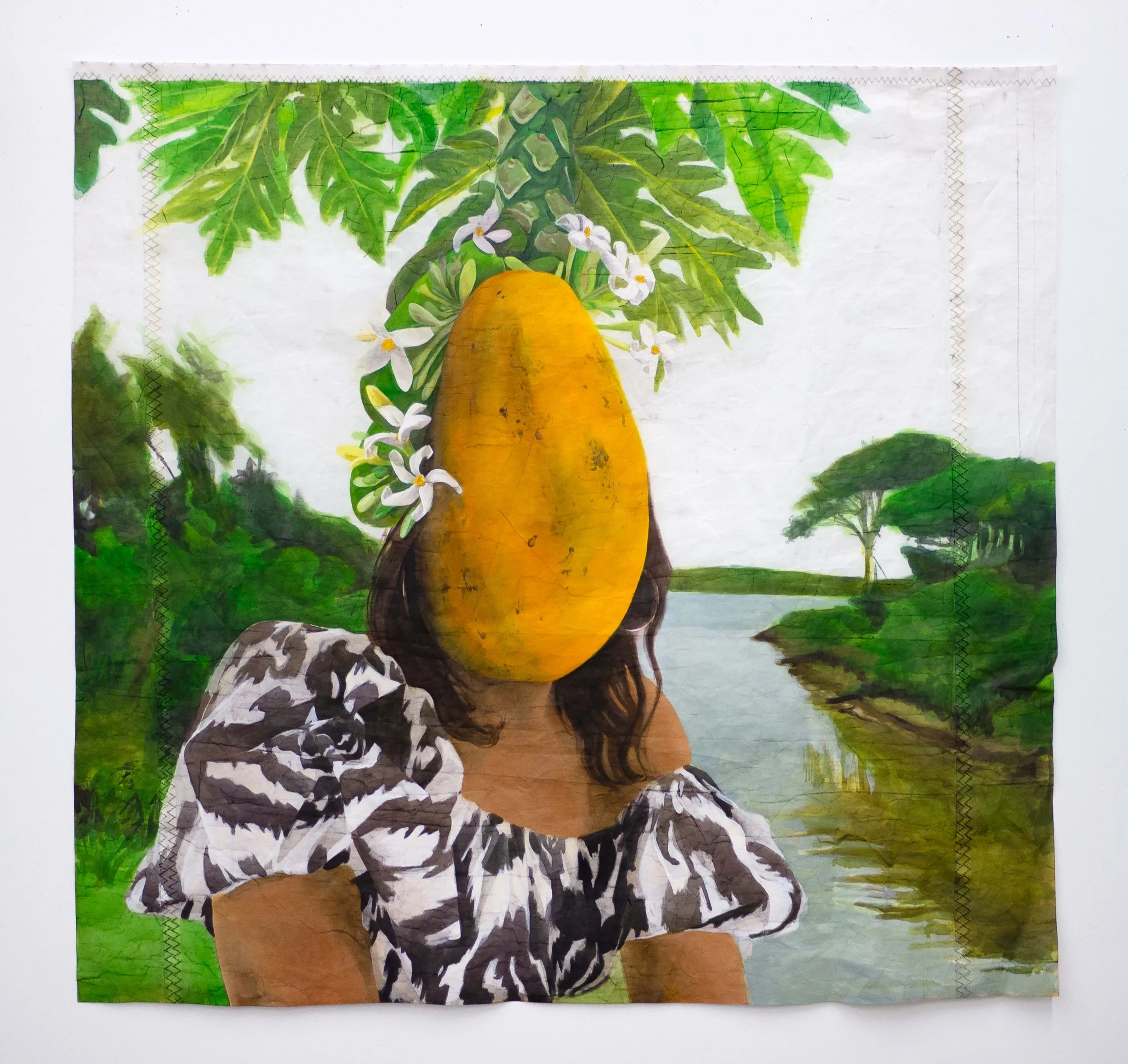  Luz (Papaya),  2025, Acrylic on used Dacron sailcloth, 40 x 42 in.