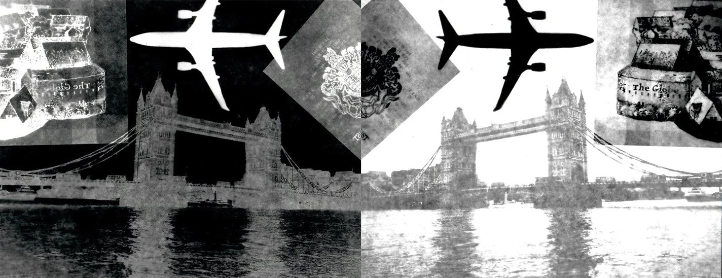This photogram is based off of travel. This was produced in January and February of 2020 and had gone to London in October of 2019. I used some papers and bags to create this image.