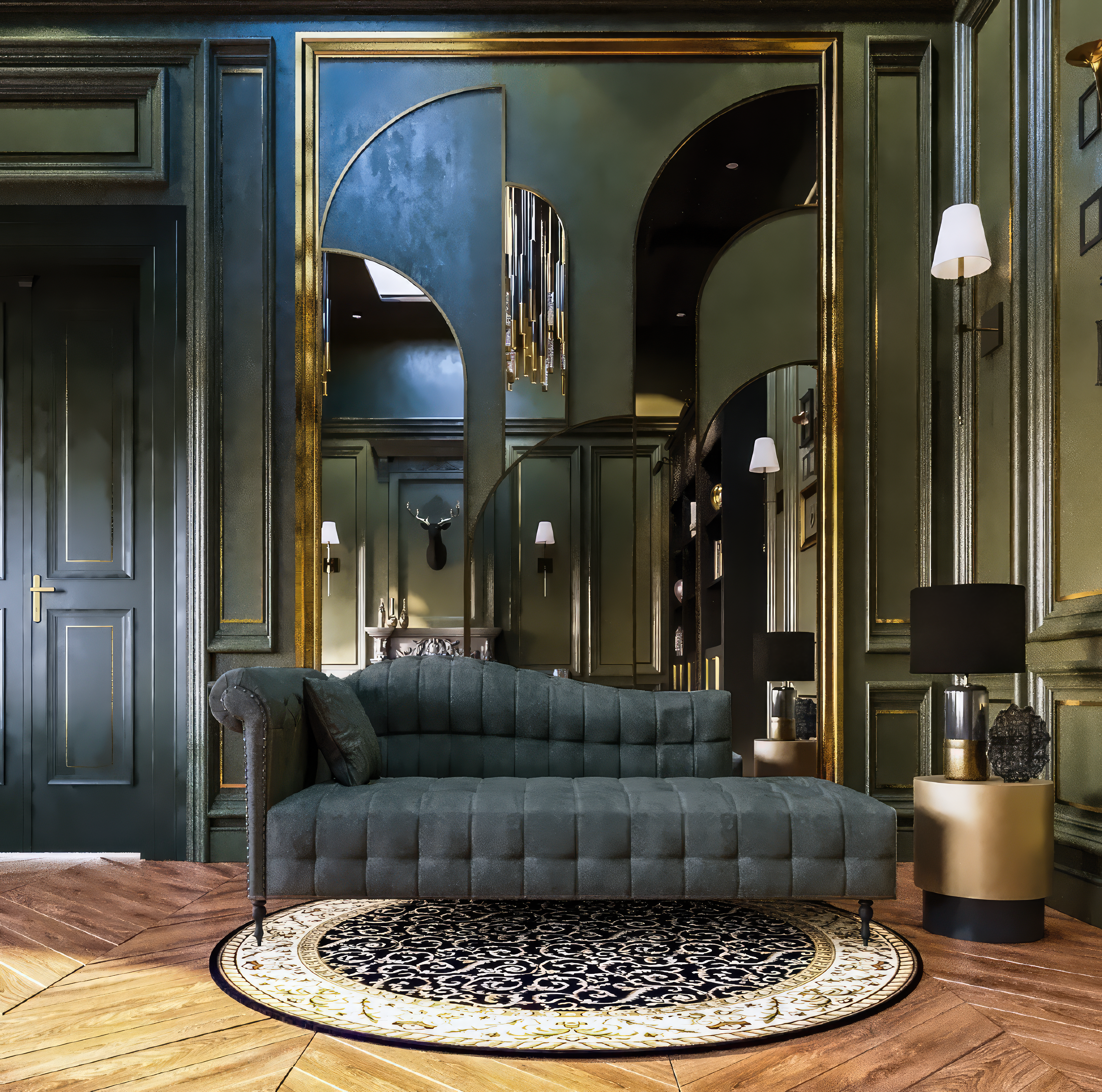 Elegant living room with dark green walls, gold accents, and modern black lamps on gold side tables. A dark green tufted sofa sits on a black and white patterned circular rug, with a small black pillow. Decorative mirrors and wall sconces are visible on the walls, and a sculpture of a deer's head is mounted in the background.