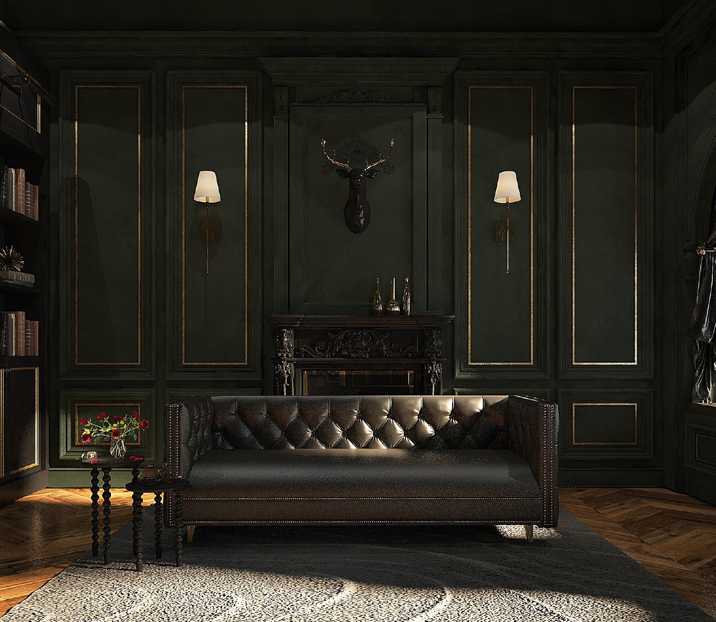 A dark green living room with gold accents, featuring a black leather tufted sofa, a small round table with a vase of red flowers, a black fireplace, wall-mounted lights, and a mounted deer head with antlers in the best Toronto Studio.