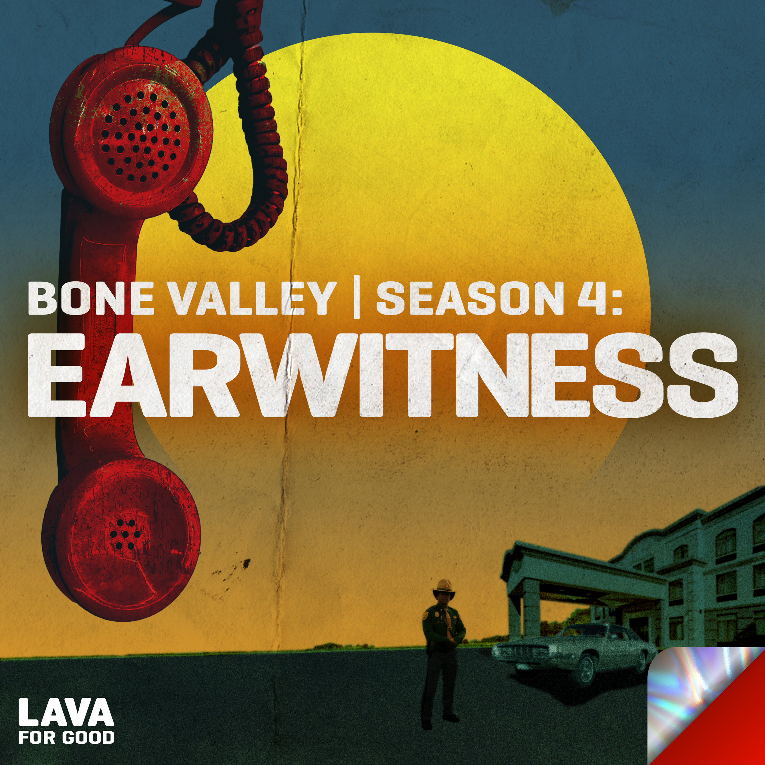 Red vintage telephone receiver on a textured turquoise background with the word "Earwitness" displayed in bold white text. "Lava for Good" logo in the bottom left corner.