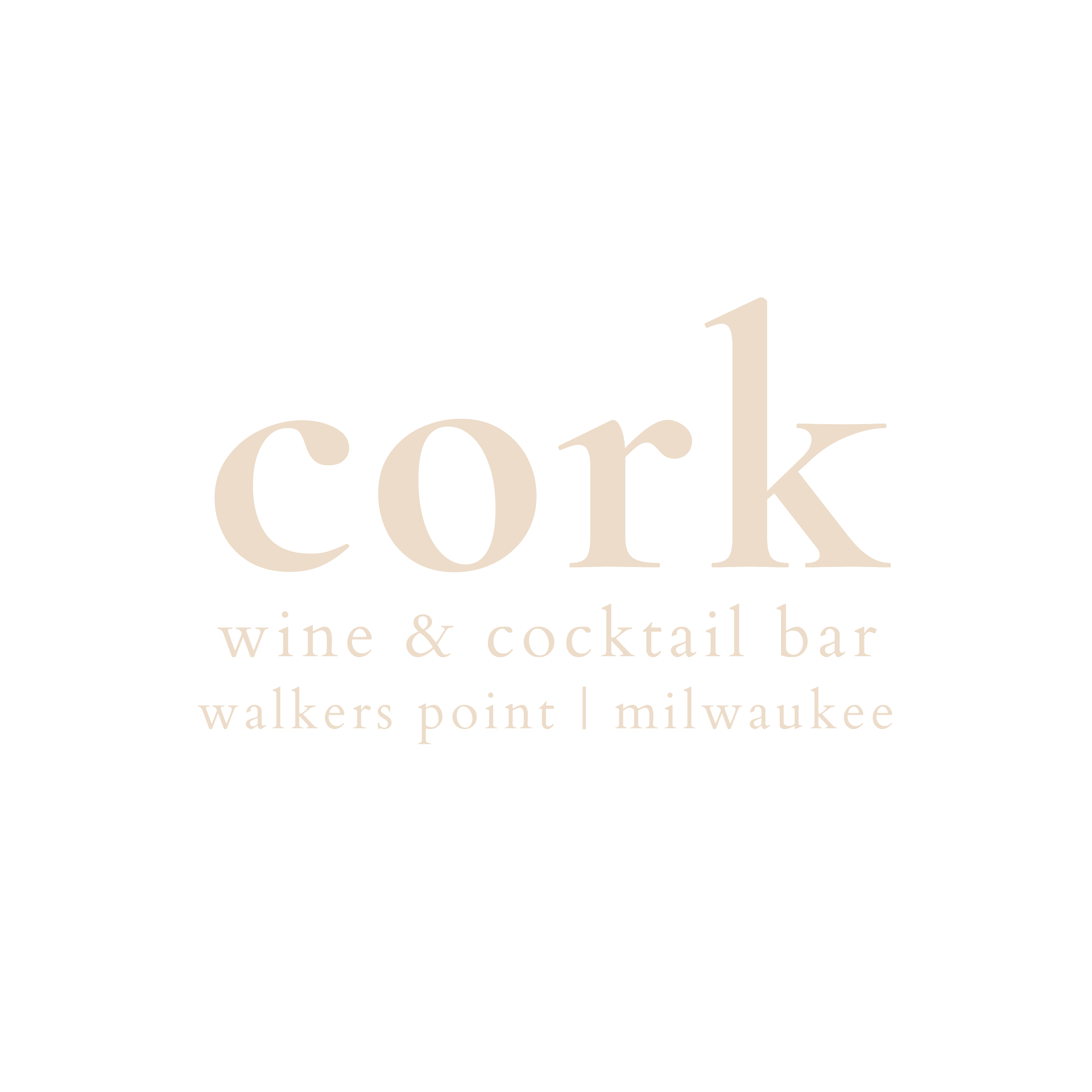 Sign with text for a wine and cocktail bar called 'Cork' located at Walker's Point, Milwaukee.