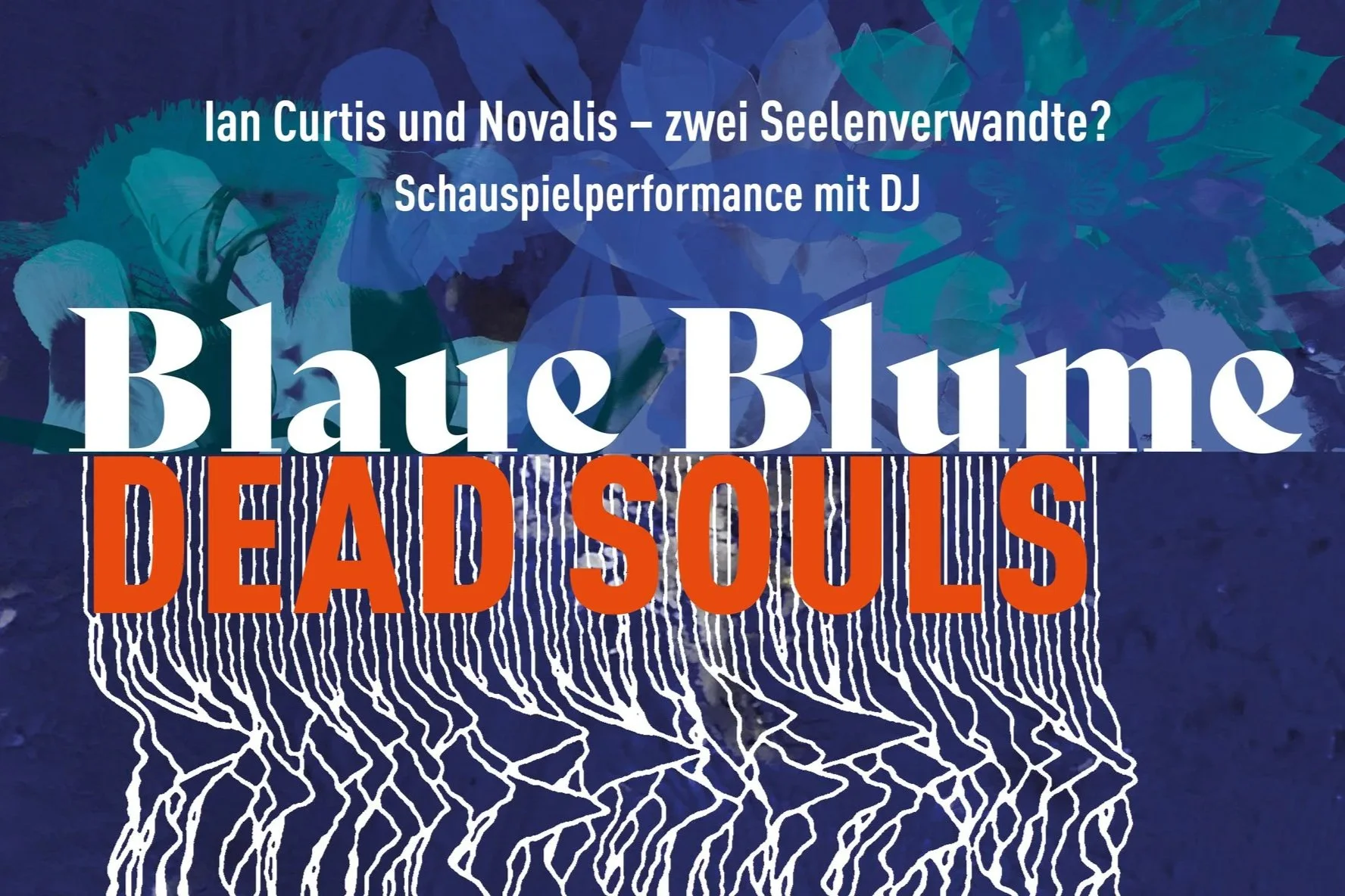 Der Schriftzug "Blaue Blume - Dead Souls" vor blauem Hintergrund.