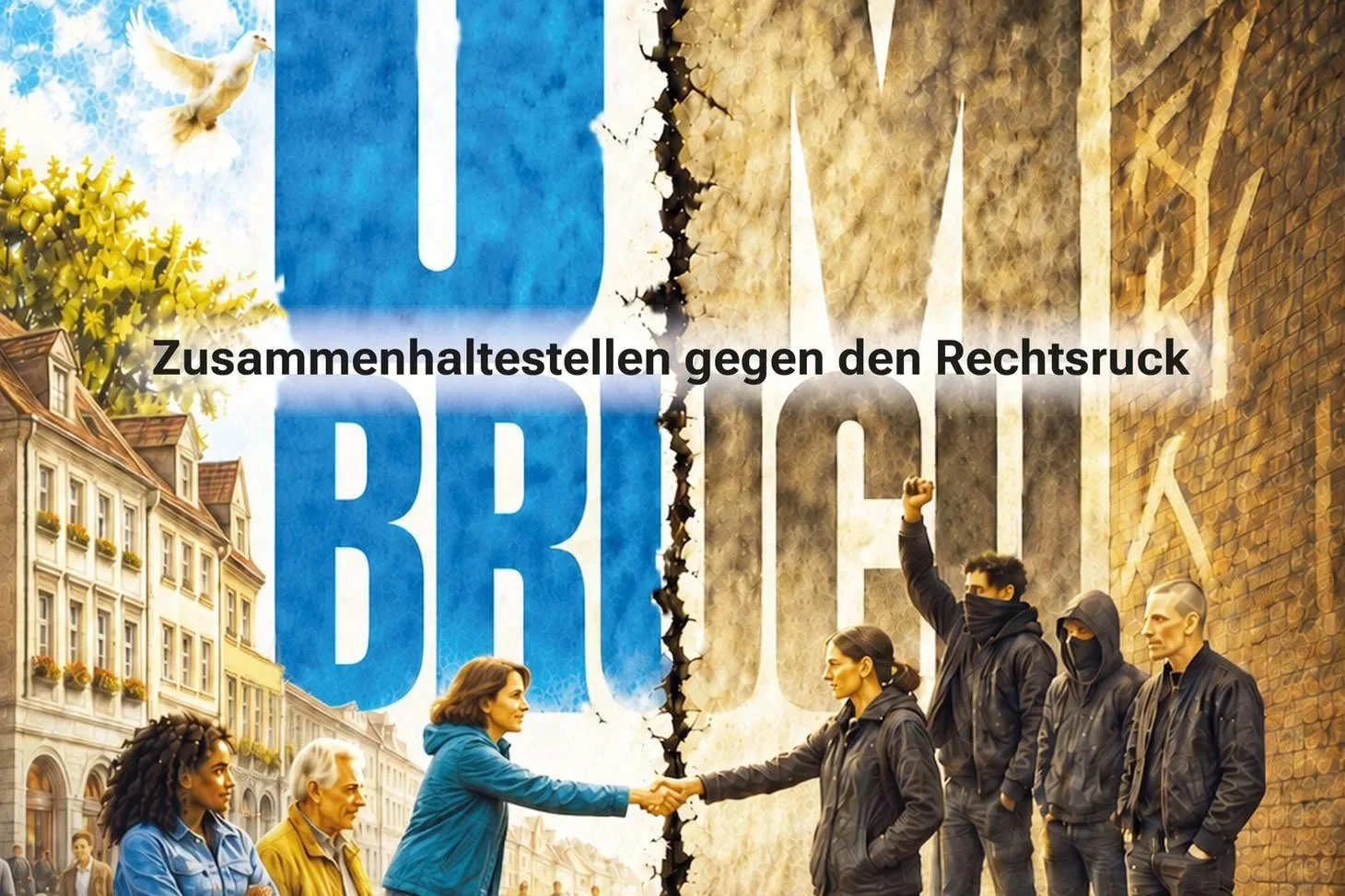 Ein Veranstaltungsplakat, zu sehen sind Menschen die sich die Hand geben.