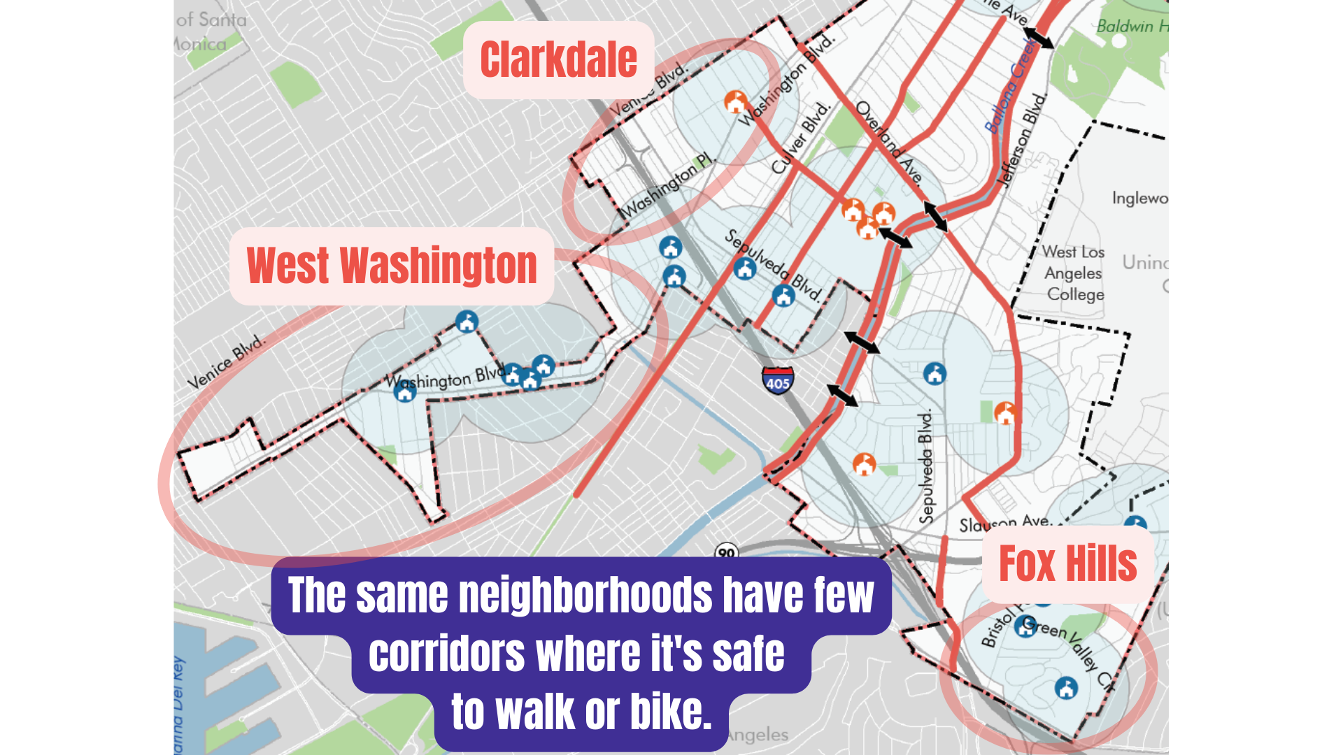  The same neighborhoods have few corridors where it's safe  to walk or bike. 
