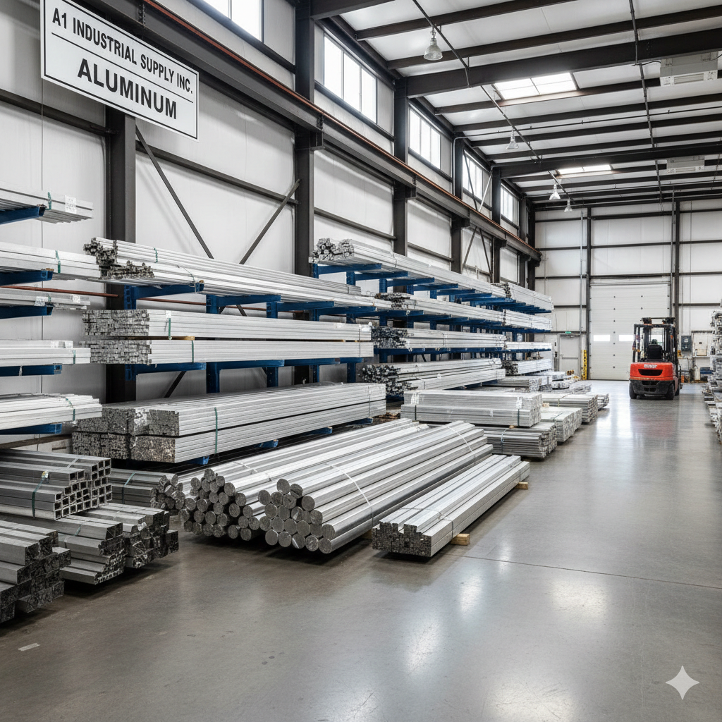 Indoor warehouse with shelves holding aluminum tubes and bars, forklift vehicle in the background, sign reading 'A1 Industrial Supply Inc. Aluminum'.