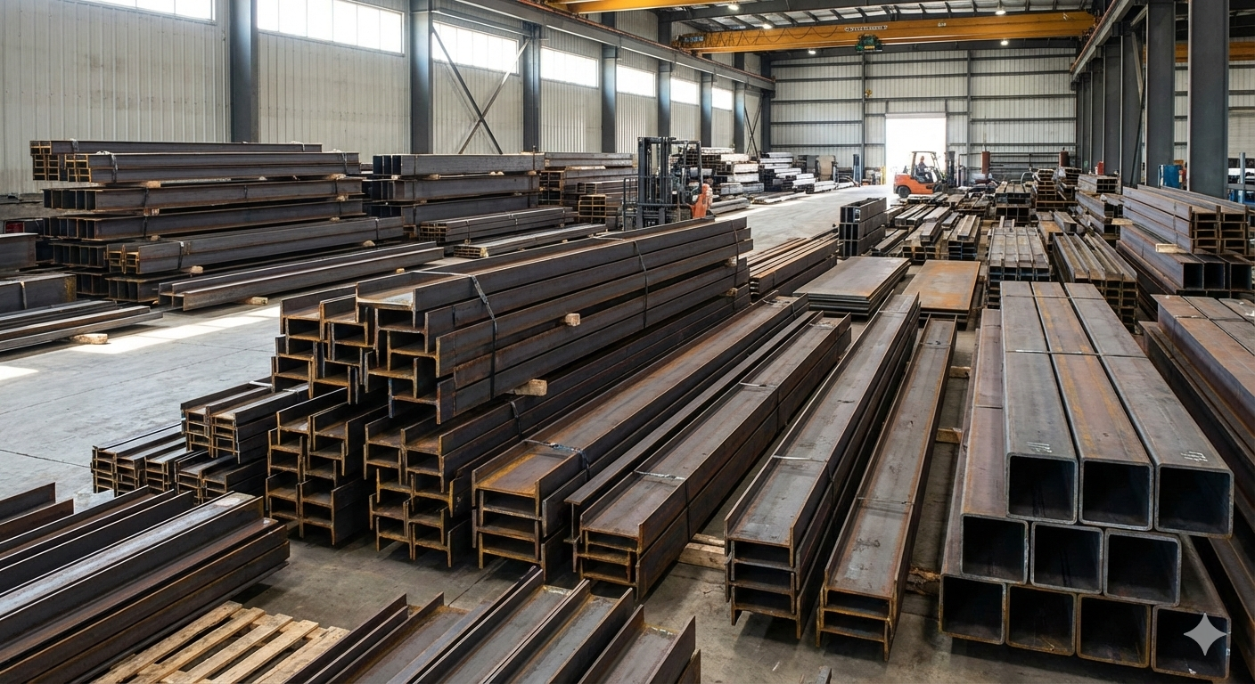Steel beams stacked and organized inside a large industrial warehouse with a forklift in the background.