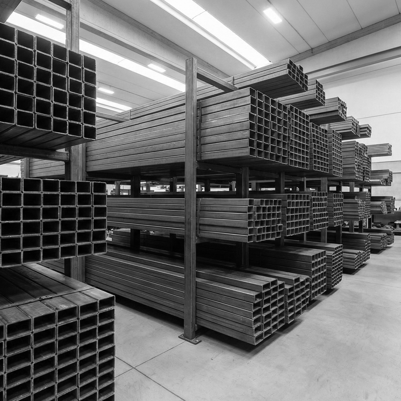 Stacks of metal square pipes stored on industrial shelves inside a warehouse.