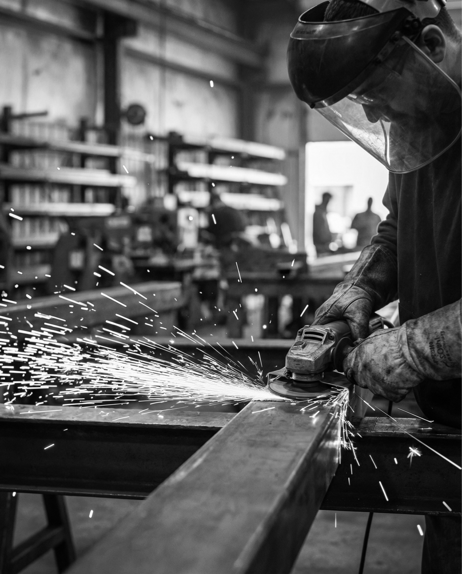 A person wearing a welding helmet and gloves uses an angle grinder to cut or grind a metal beam, with sparks flying in a woodworking or metalworking workshop.