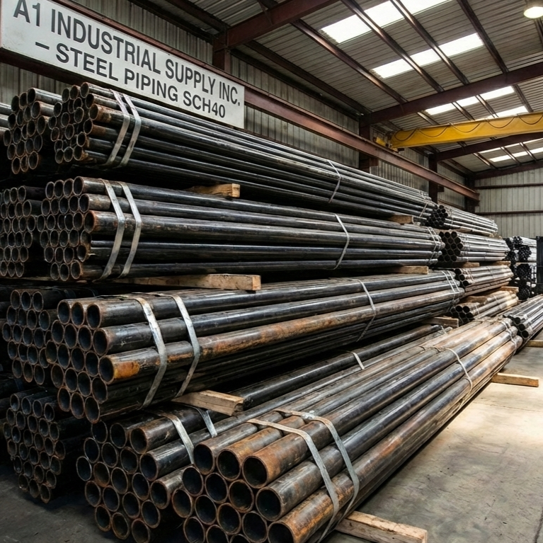 Stacked steel pipes in a warehouse with a sign reading 'A1 Industrial Supply Inc., Steel Piping SCH40' hanging above them.