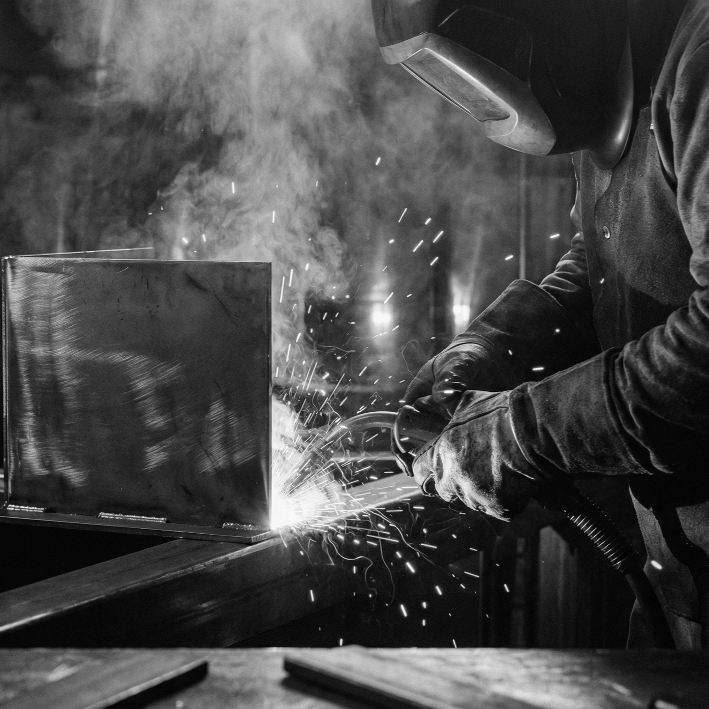 A person welding a metal piece, with sparks flying and wearing a welding helmet and gloves in a workshop.