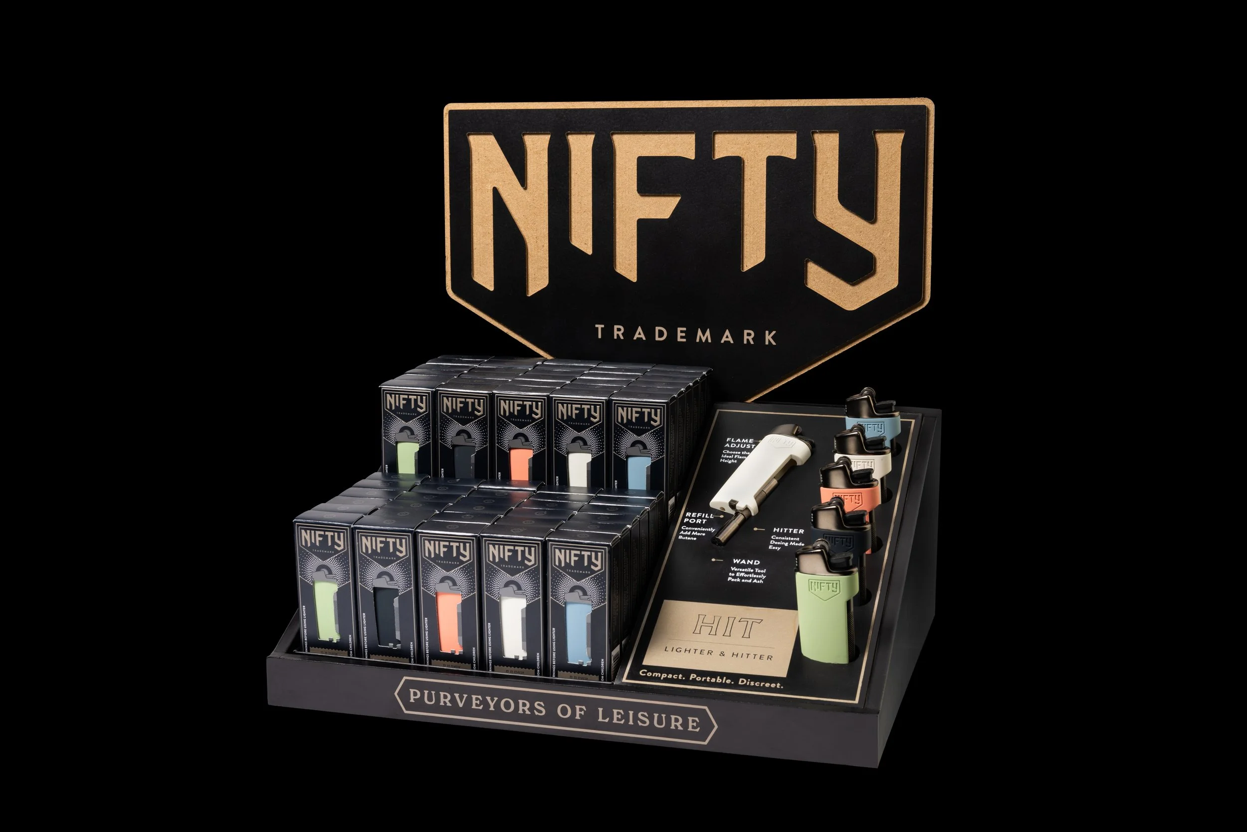 Nifty Hit lighter POS display showing color options and packaging