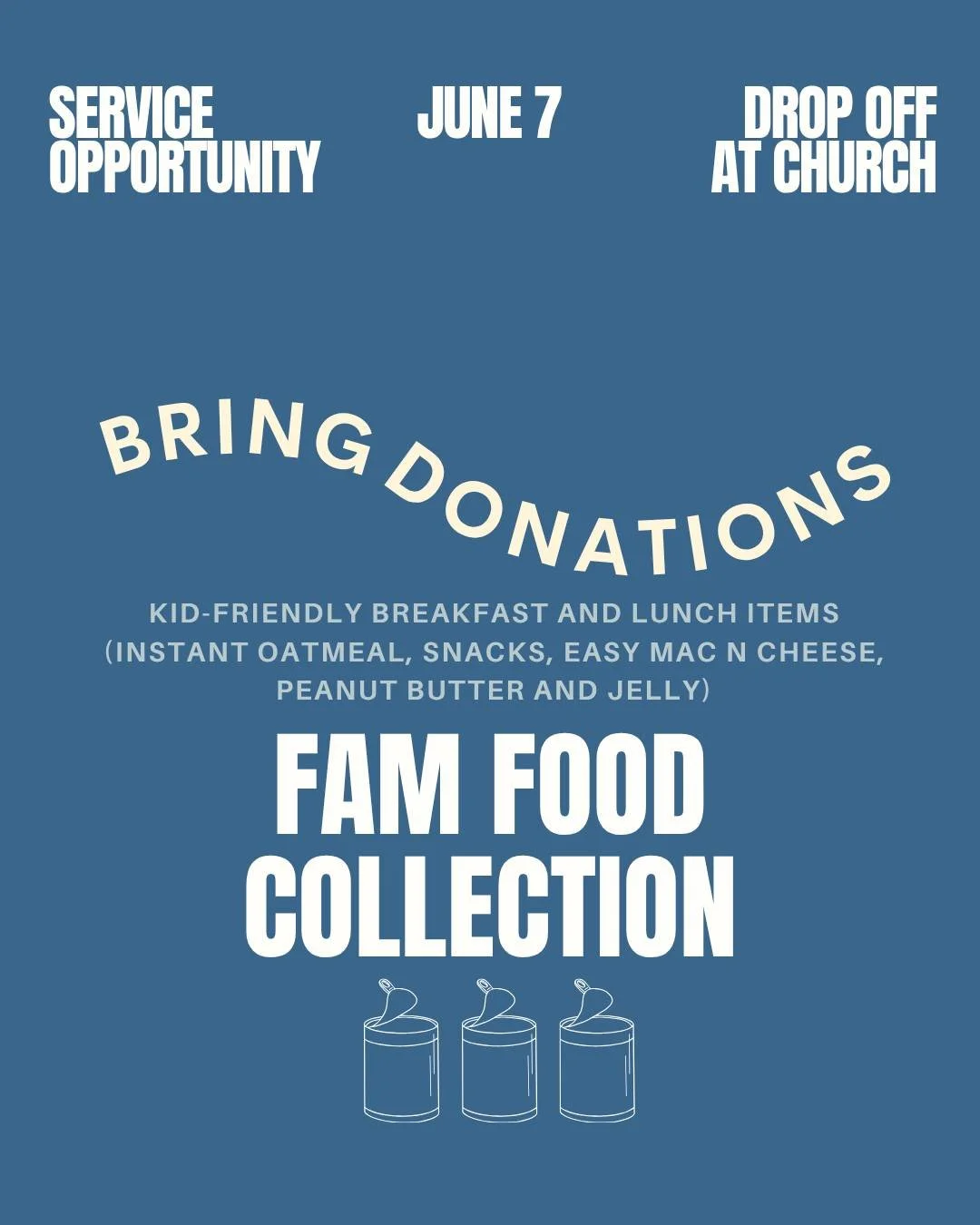 Each month we collect canned and packaged food for @lovefamsc 🥫

It's a simple way we can help those that need it most! If you'd like to participate, on June 7th we'll be collecting kid-friendly breakfast and lunch items like instant oatmeal, snacks