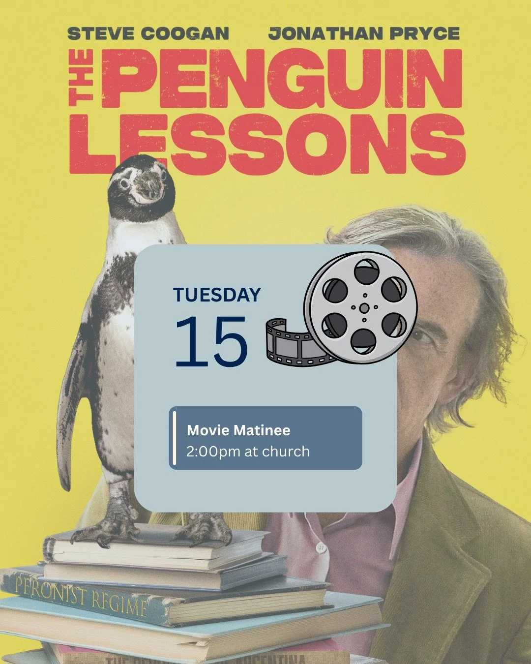 Get ready for another Movie Matinee to prepare for Sunday's sermon. 🎥
Join us TODAY at 2:00pm at the church to watch "The Penguin Lessons." 
🍿 provided!

Then return this Sunday at 10am to hear the corresponding sermon for our "Findi