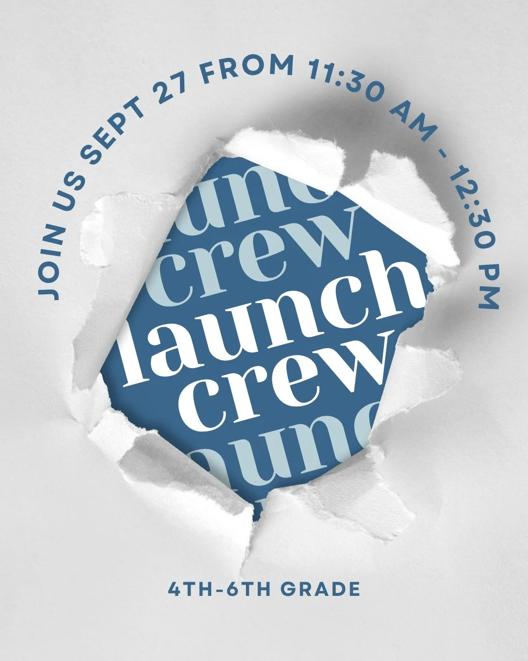 THIS SUNDAY!
All 4th - 6th graders are invited to join us after church for Launch Crew 🚀 

Launch Crew is for kids who are approaching Middle School. It's meant to help softly "launch" kids from Elementary to Middle School. They will meet 