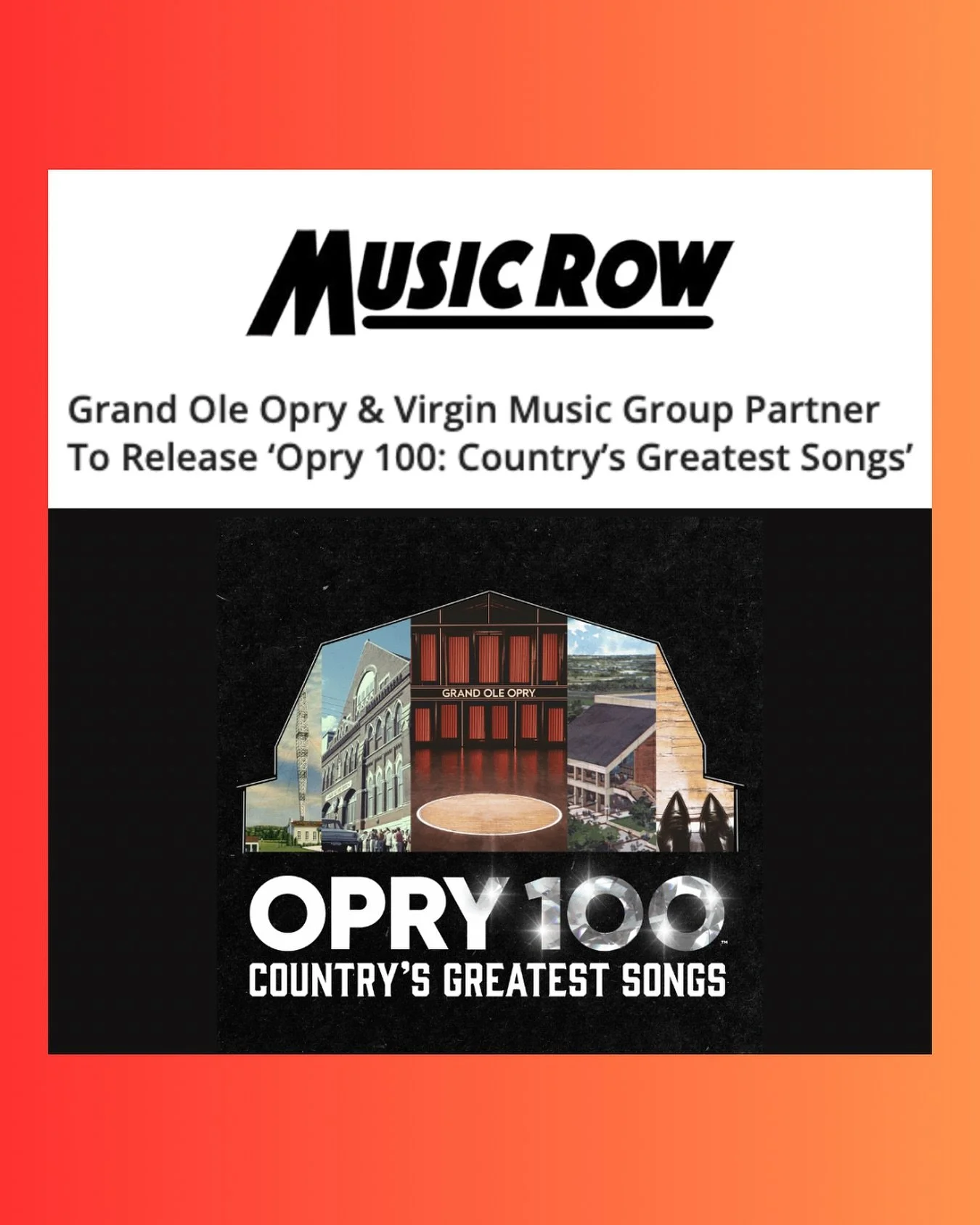 The Grand Ole Opry and Virgin Music Group announce OPRY 100: Country&rsquo;s Greatest Songs, a commemorative album celebrating the Opry&rsquo;s 100th anniversary with 20 previously unreleased live recordings from its iconic stage. 

Set for release o