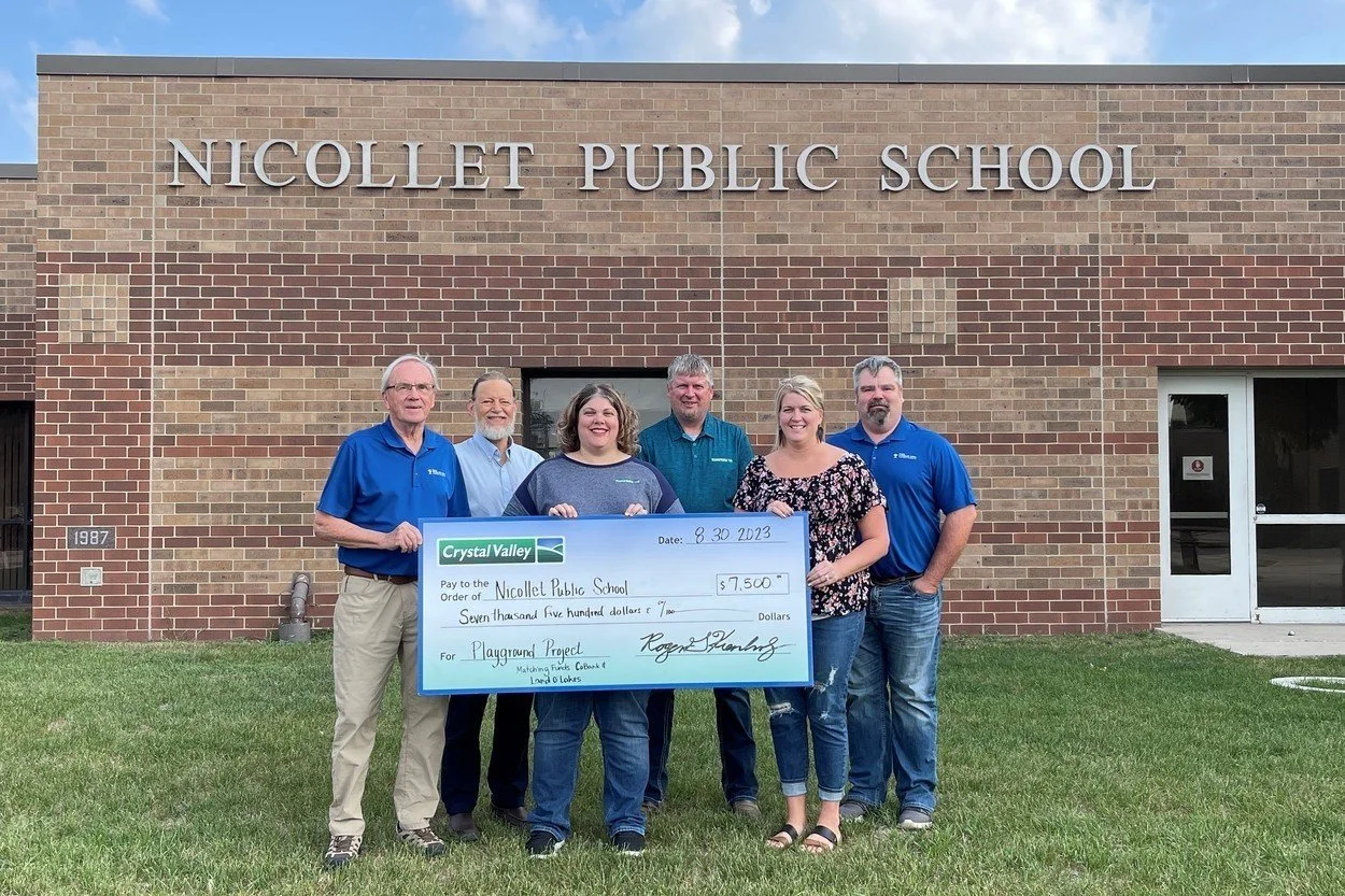 Representatives from Crystal Valley presented a $7,500 check to the Nicollet Public School towards their fundraising efforts for a new, inclusive playground. Pictured (L-R): Gary Schmidt – Greater Nicollet Area Foundation, Dr. Steve Malone – Nicollet Public School, Julie Lorentz – Crystal Valley, Bill Landin – Crystal Valley, Kendra Hoffman – Nicollet Public School, Adam Erickson – Nicollet Public Schools Board Chairperson