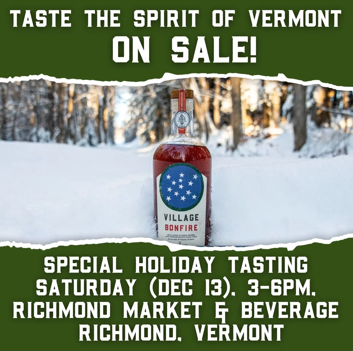 ⁣
Taste the real Vermont, ON SALE!!⁣
⁣
Join Village Garage Distillery this Saturday (December 13th) for a tasting from 3-6pm at Richmond Market &amp; Beverage in Richmond, Vermont, where we&rsquo;ll be sampling our award-winning Bonfire Smoked Maple 