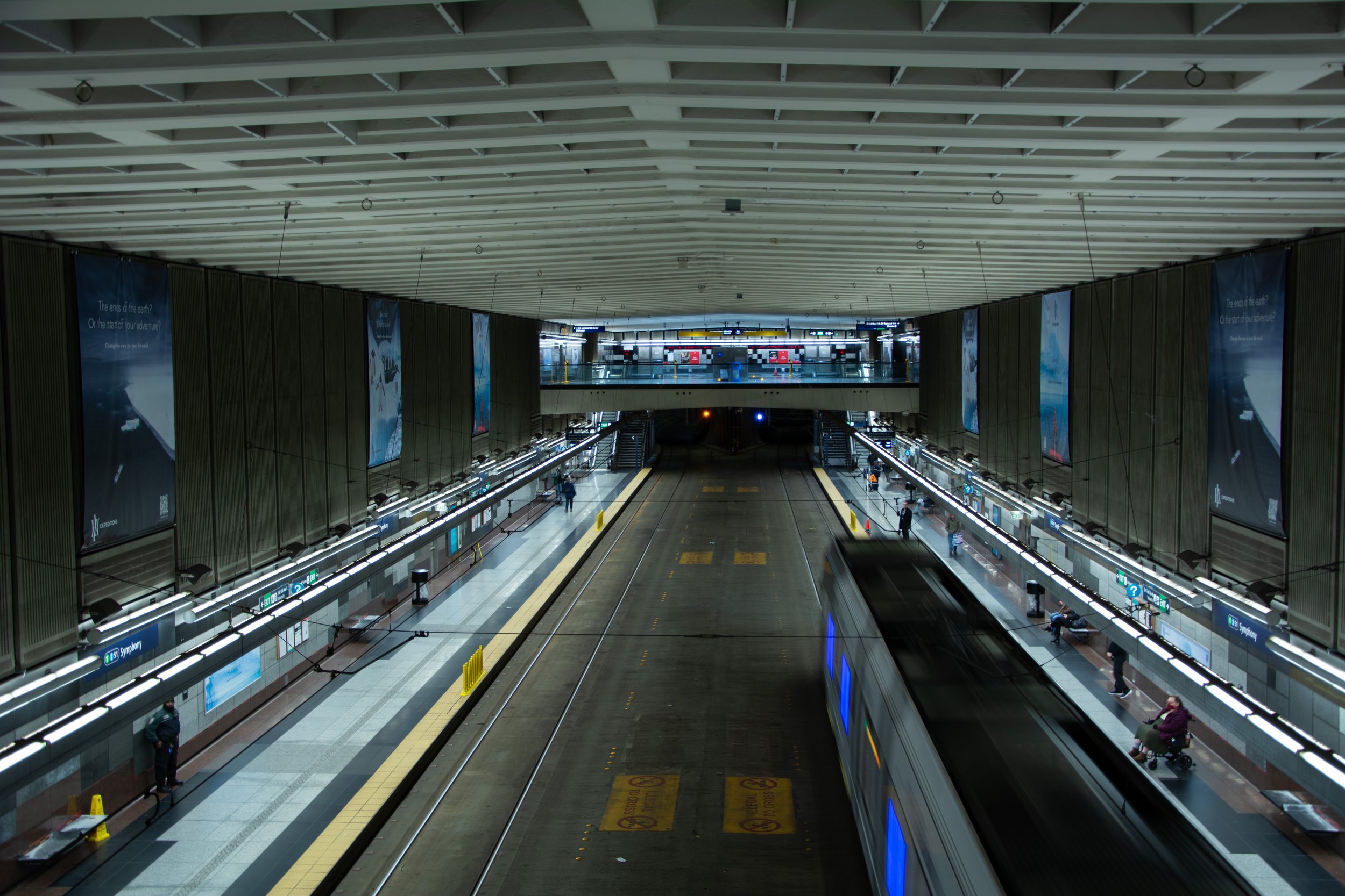 The southbound 1 Line train approaches Symphony Station in Seattle, Wash.