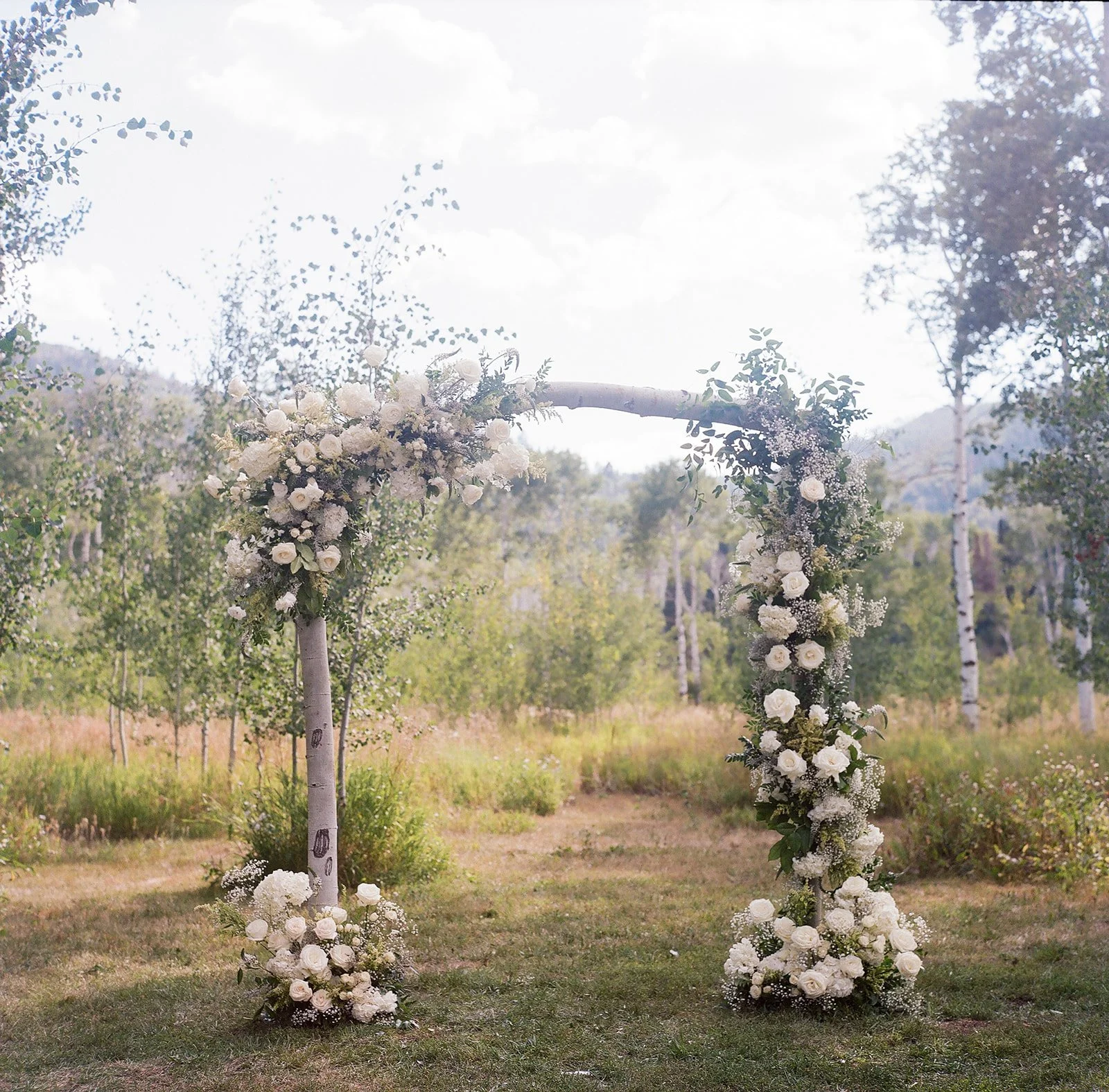 aspen grove wedding, white wedding arch, birch wood arch, steamboat springs florist
